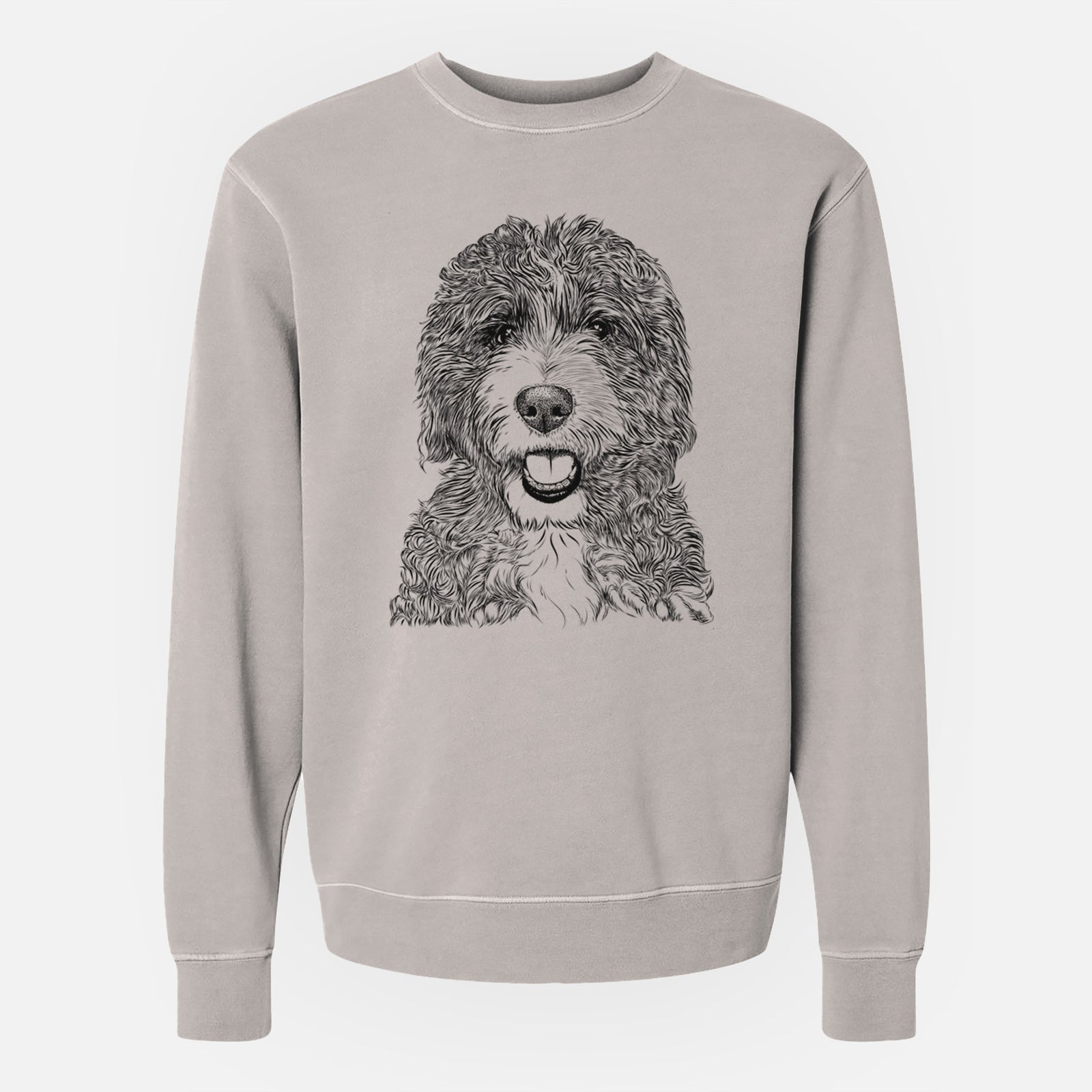 Hand-drawn sketch of Bash the Bernedoodle on a Cement Unisex pigment dyed crew sweatshirt