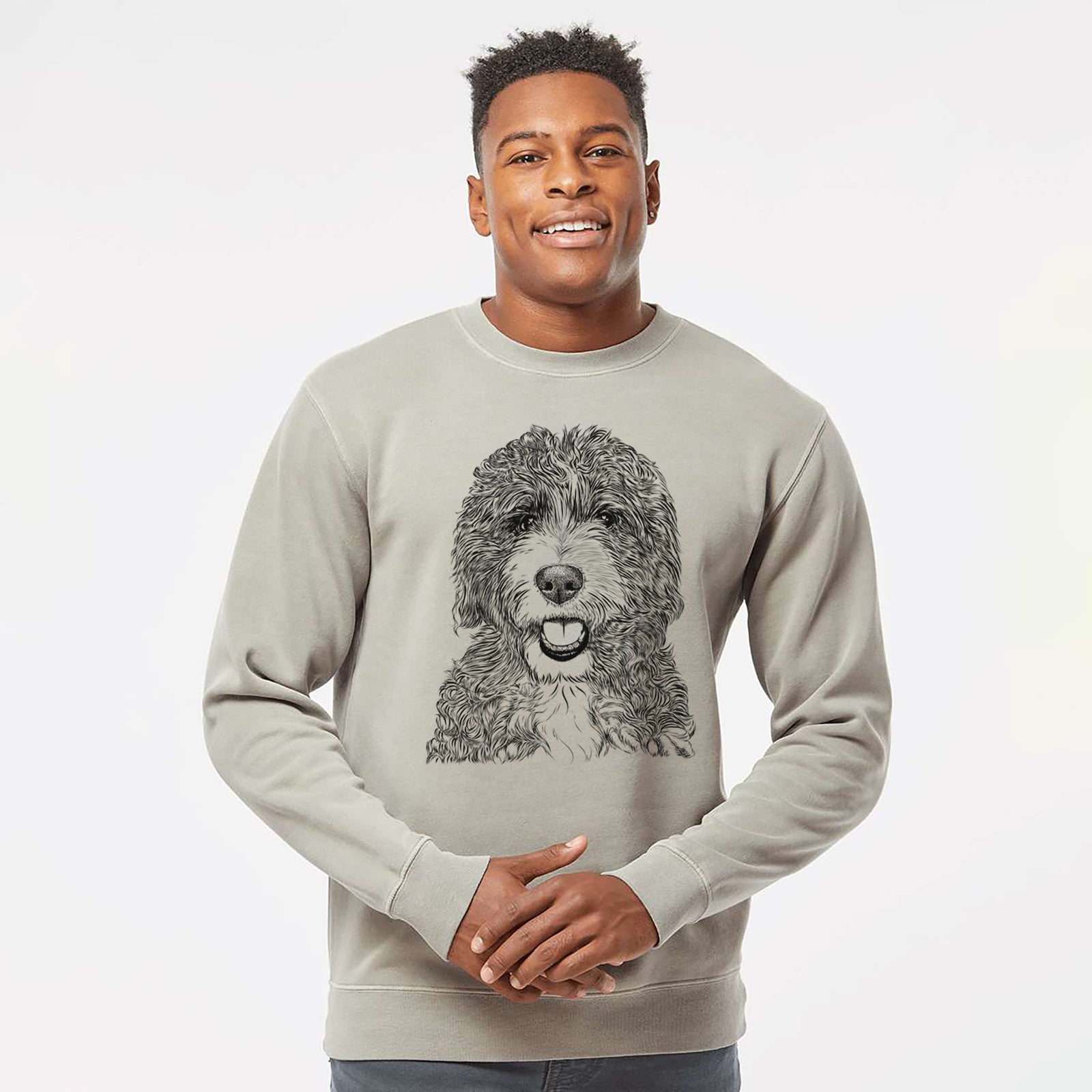 Hand-drawn sketch of Bash the Bernedoodle on a Cement Unisex pigment dyed crew sweatshirt