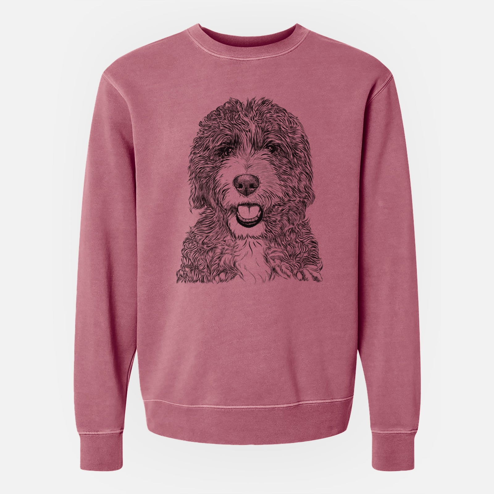 Hand-drawn sketch of Bash the Bernedoodle on a Maroon Unisex pigment dyed crew sweatshirt
