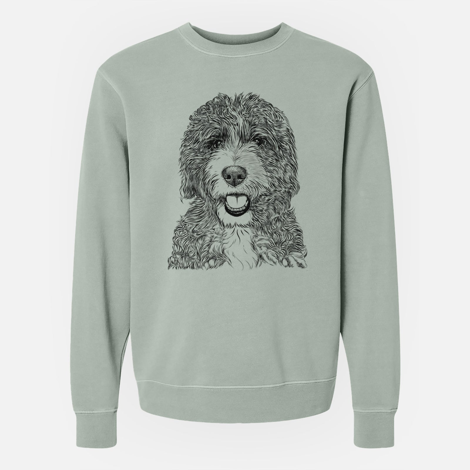 Hand-drawn sketch of Bash the Bernedoodle on a Sage Unisex pigment dyed crew sweatshirt