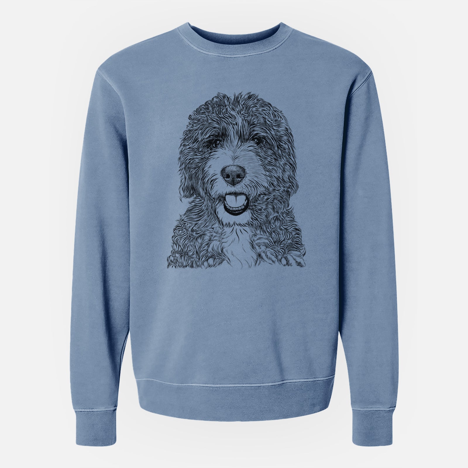 Hand-drawn sketch of Bash the Bernedoodle on a Slate Blue Unisex pigment dyed crew sweatshirt