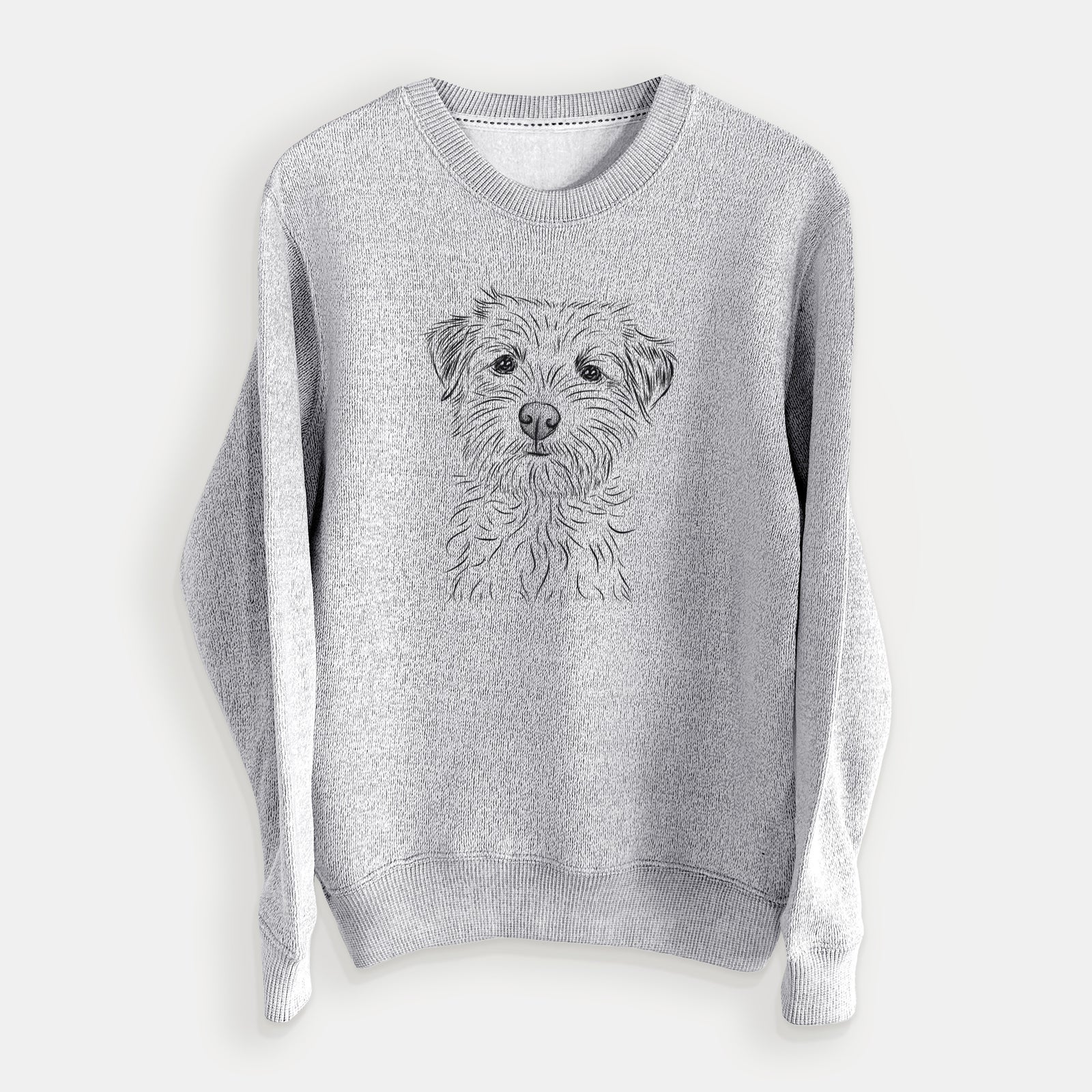 Hand-drawn sketch of Benjamin the Border Terrier on a Salt Pepper knit sweatshirt