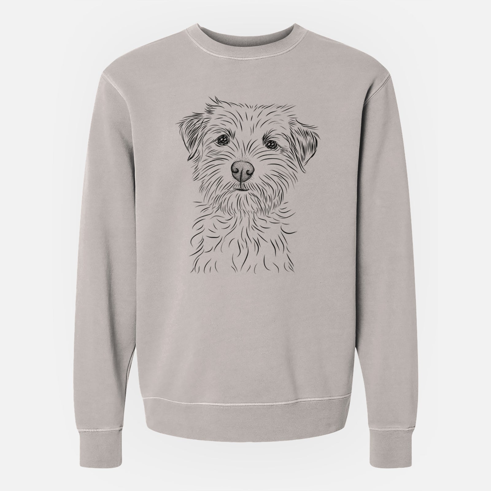 Hand-drawn sketch of Benjamin the Border Terrier on a Cement Unisex pigment dyed crew sweatshirt