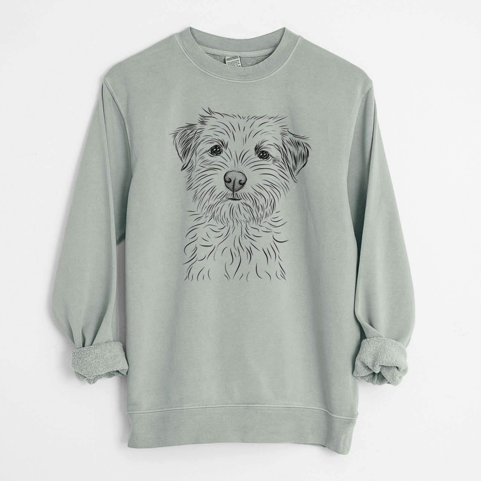 Hand-drawn sketch of Benjamin the Border Terrier on a Sage Unisex pigment dyed crew sweatshirt