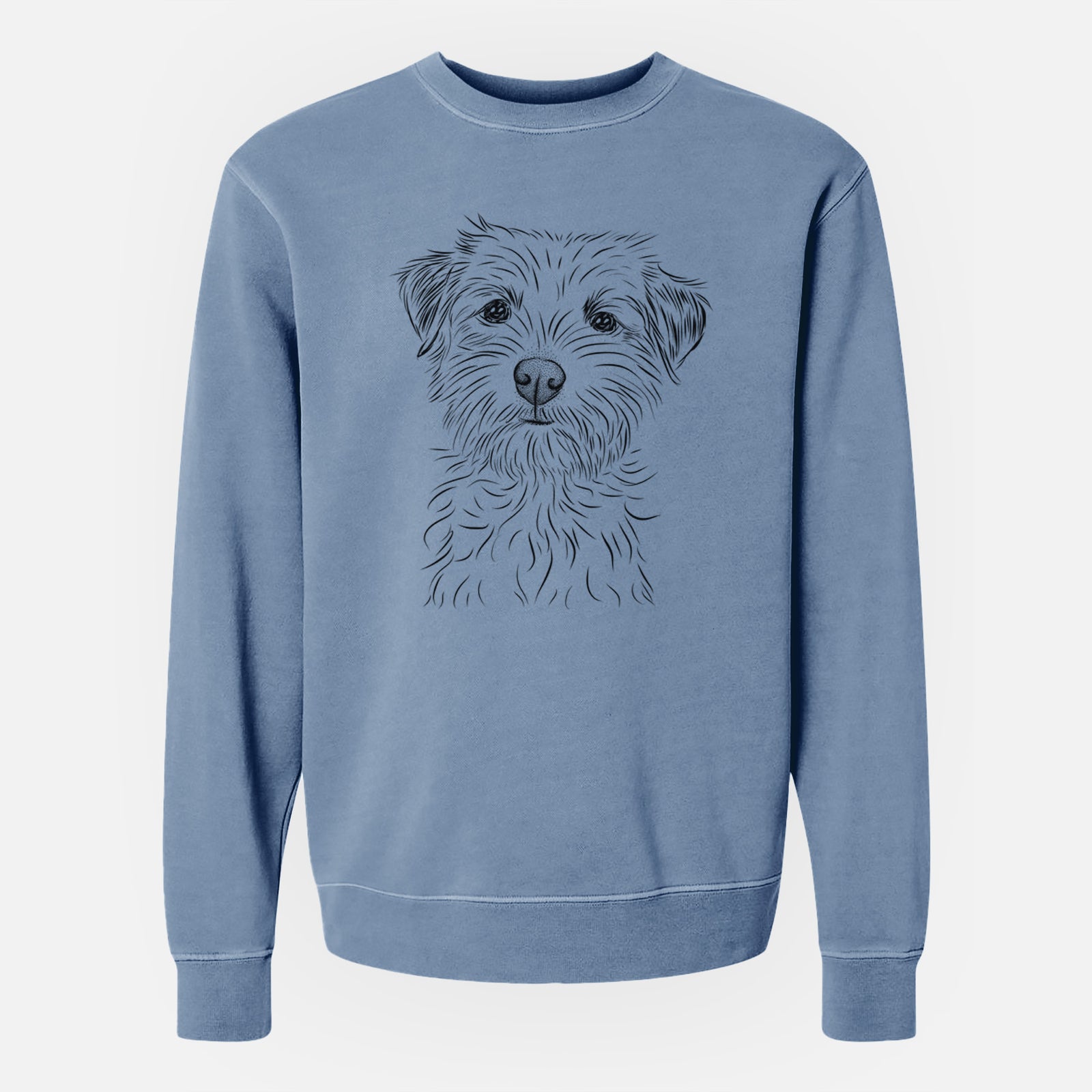 Hand-drawn sketch of Benjamin the Border Terrier on a Slate Blue Unisex pigment dyed crew sweatshirt