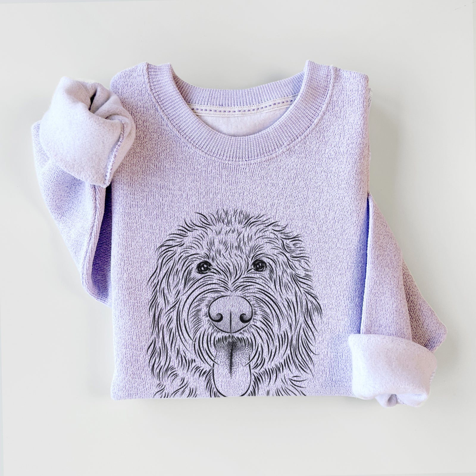 Hand-drawn sketch of Bennett the Doodle on an Ice Purple knit sweatshirt