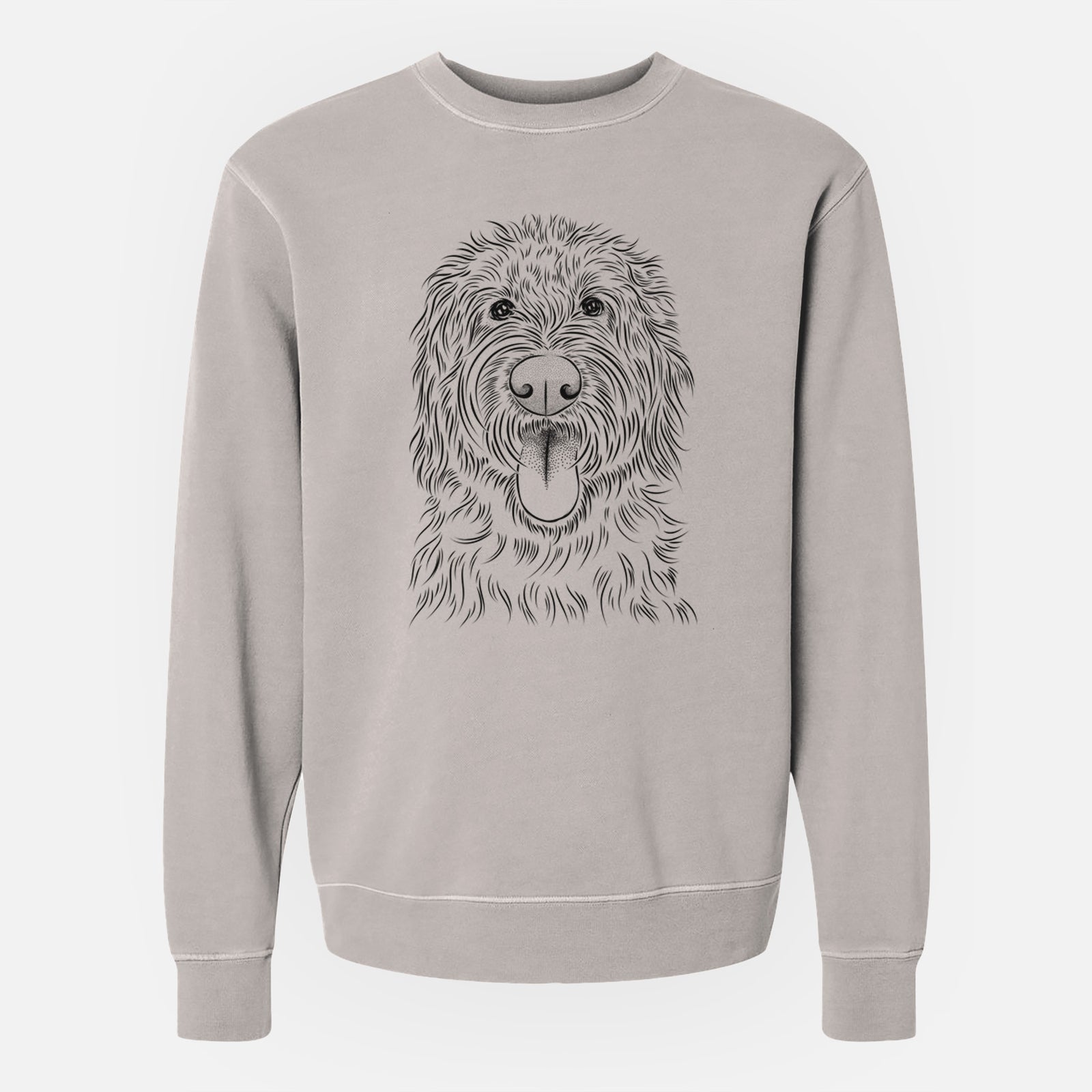 Hand-drawn sketch of Bennett the Doodle on a Cement Unisex pigment dyed crew sweatshirt