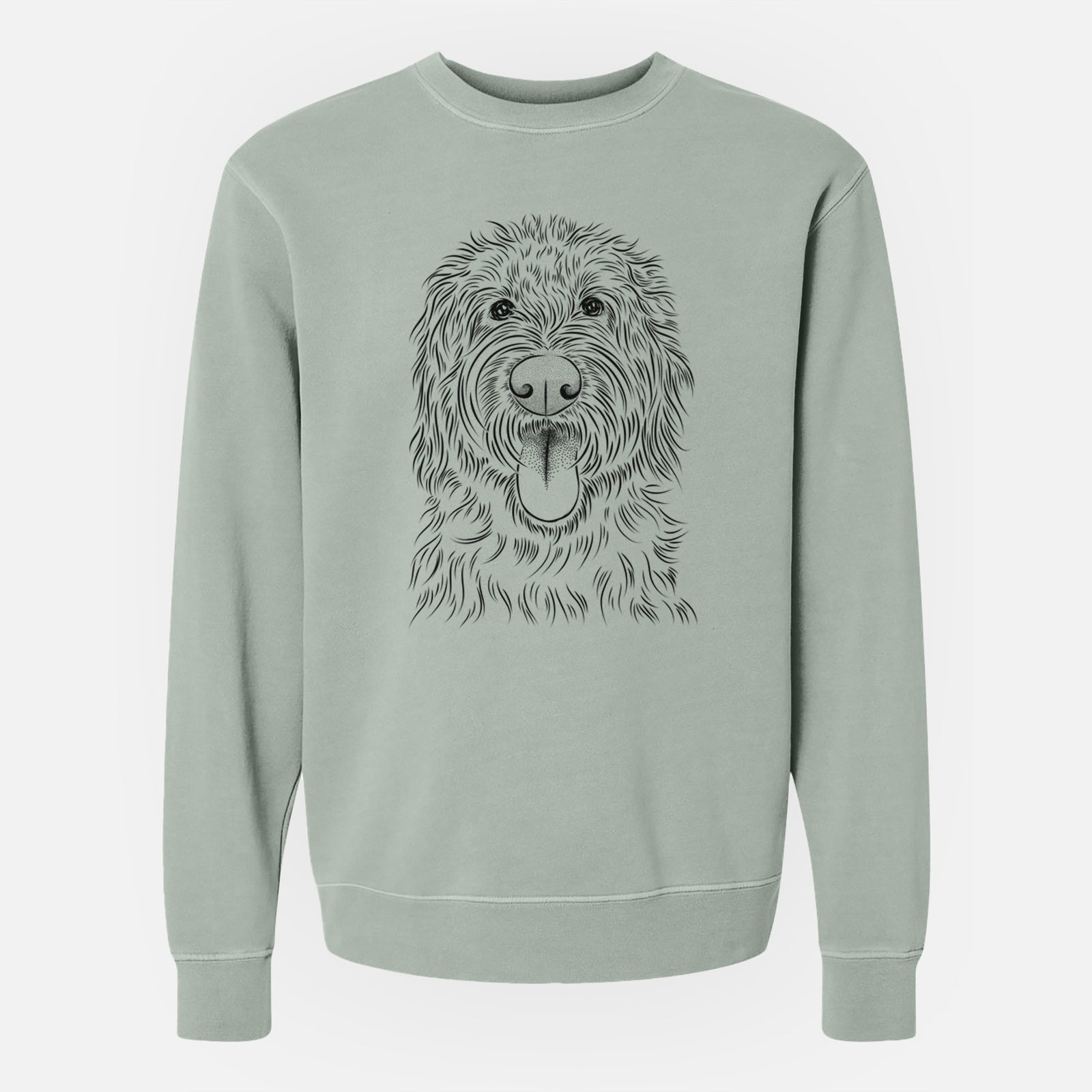 Hand-drawn sketch of Bennett the Doodle on a Sage Unisex pigment dyed crew sweatshirt