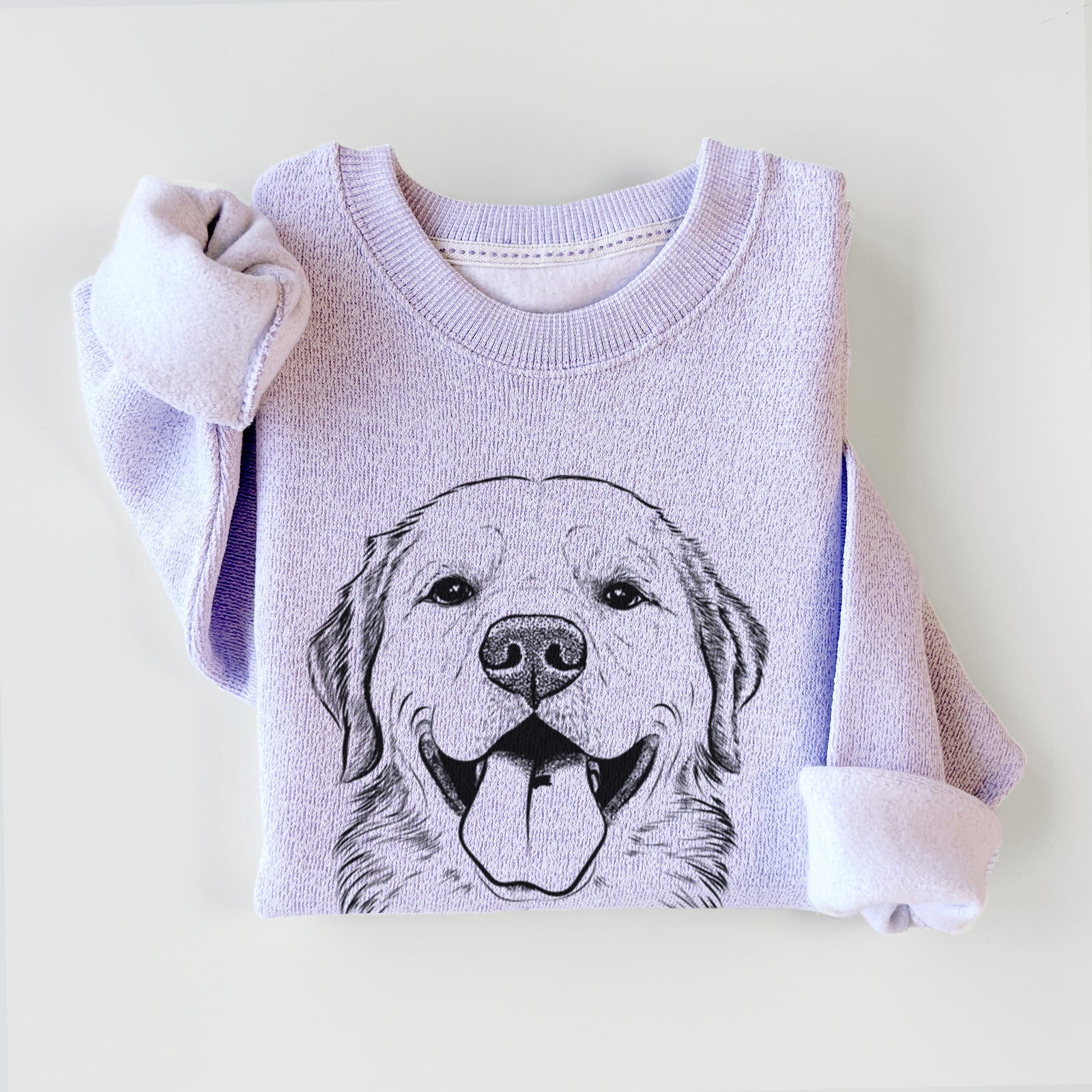 Hand-drawn sketch of Bennett the Golden Retriever on an Ice Purple knit sweatshirt