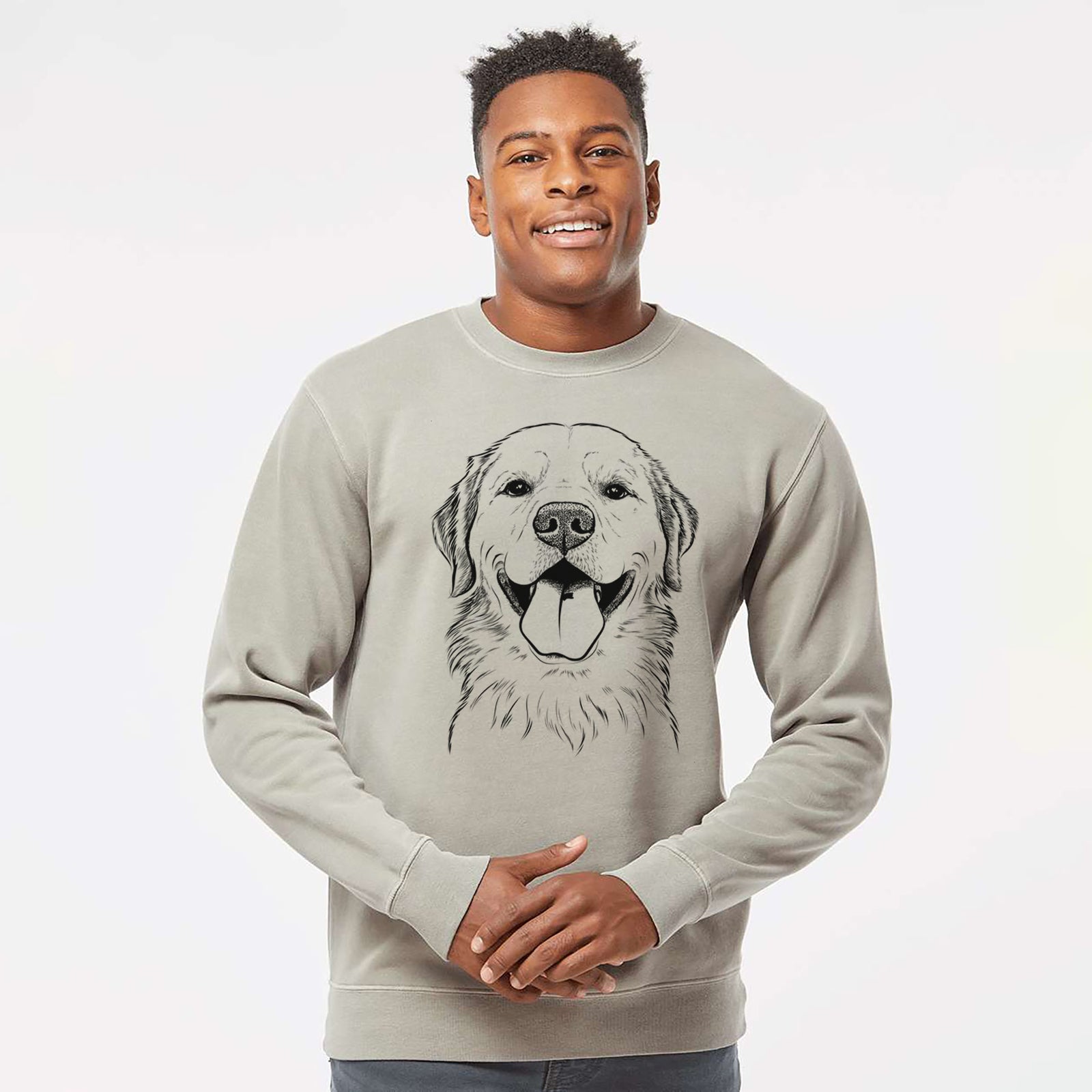 Hand-drawn sketch of Bennett the Golden Retriever on a Cement Unisex pigment dyed crew sweatshirt