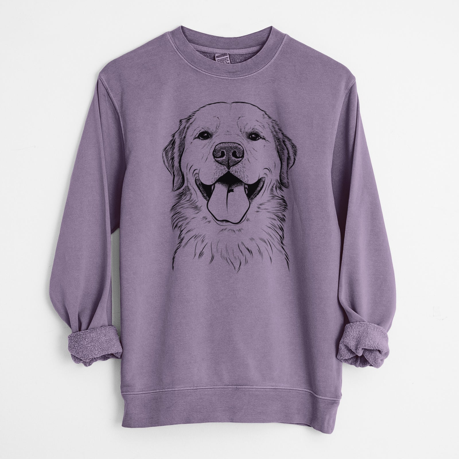 Hand-drawn sketch of Bennett the Golden Retriever on a Plum Unisex pigment dyed crew sweatshirt