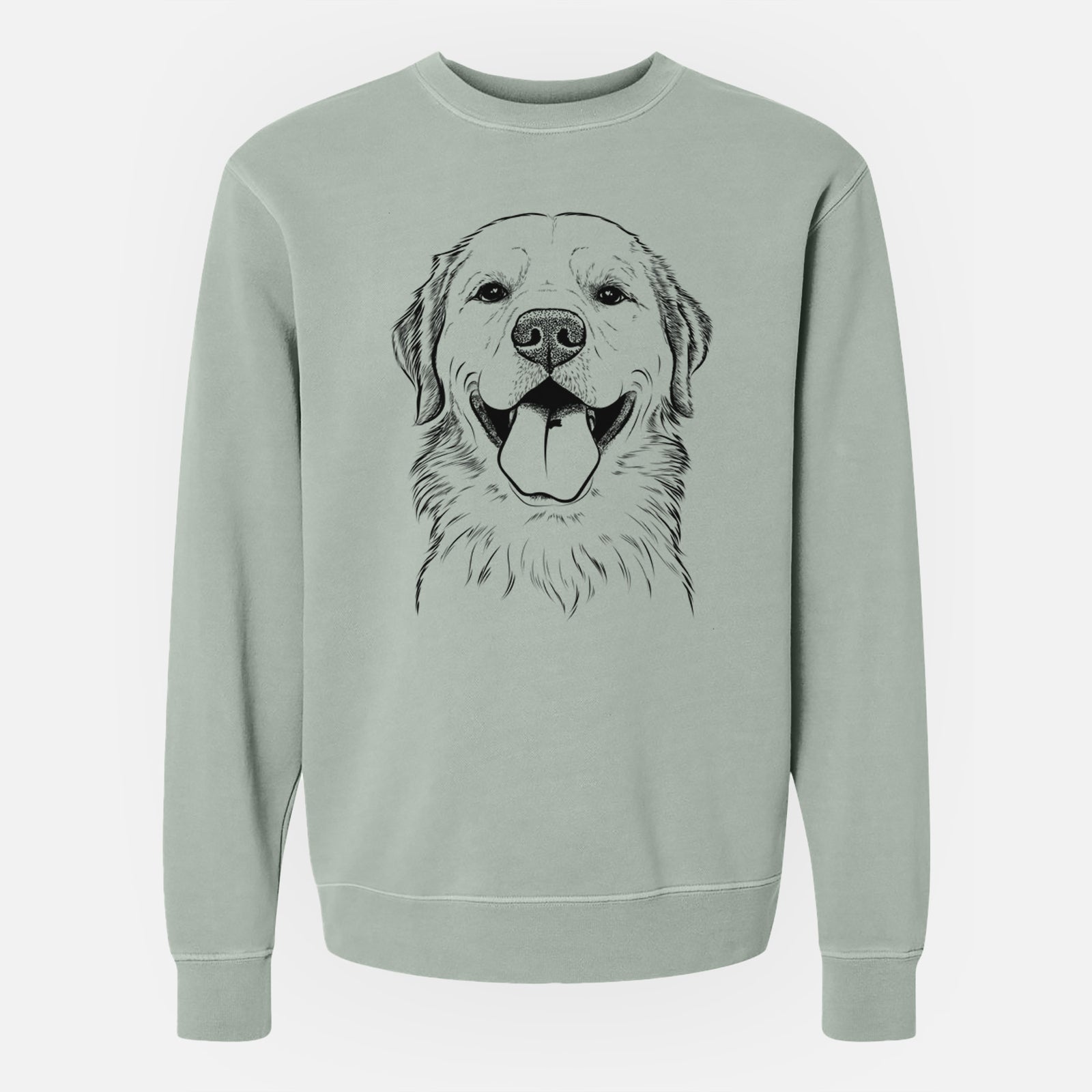 Hand-drawn sketch of Bennett the Golden Retriever on a Sage Unisex pigment dyed crew sweatshirt