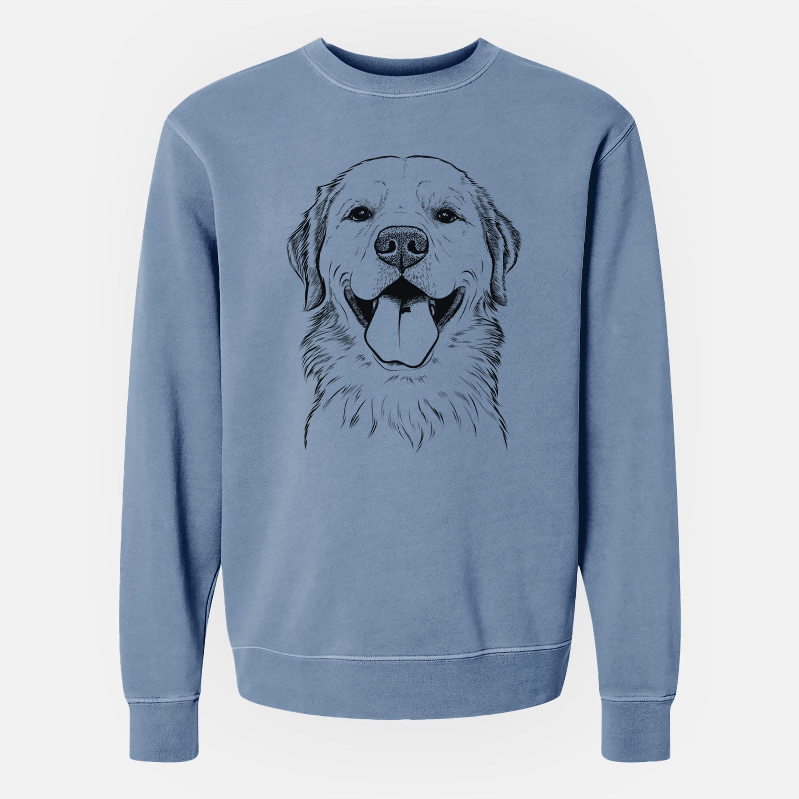 Hand-drawn sketch of Bennett the Golden Retriever on a Slate Blue Unisex pigment dyed crew sweatshirt