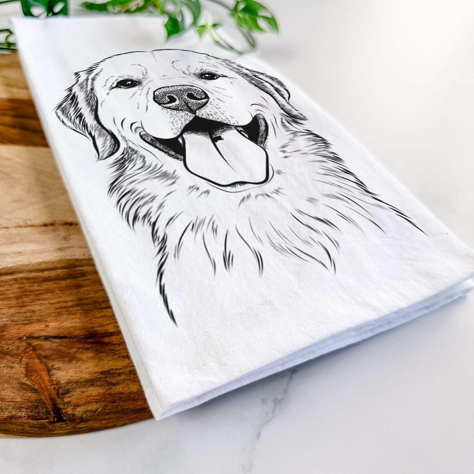 Hand-drawn sketch of Bennett the Golden Retriever on a tea towel