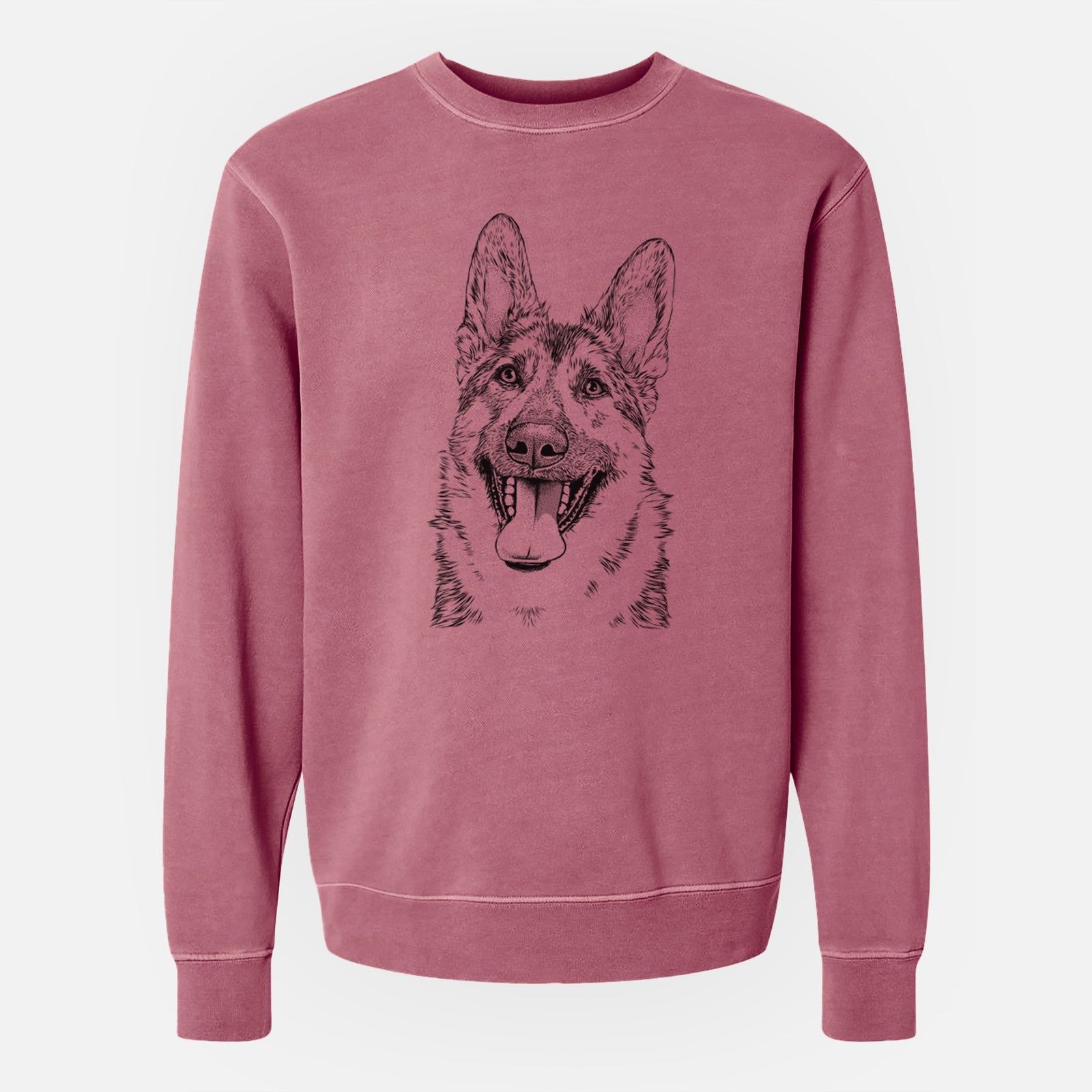 Hand-drawn sketch of Benson the German Shepherd on a Maroon Unisex pigment dyed crew sweatshirt