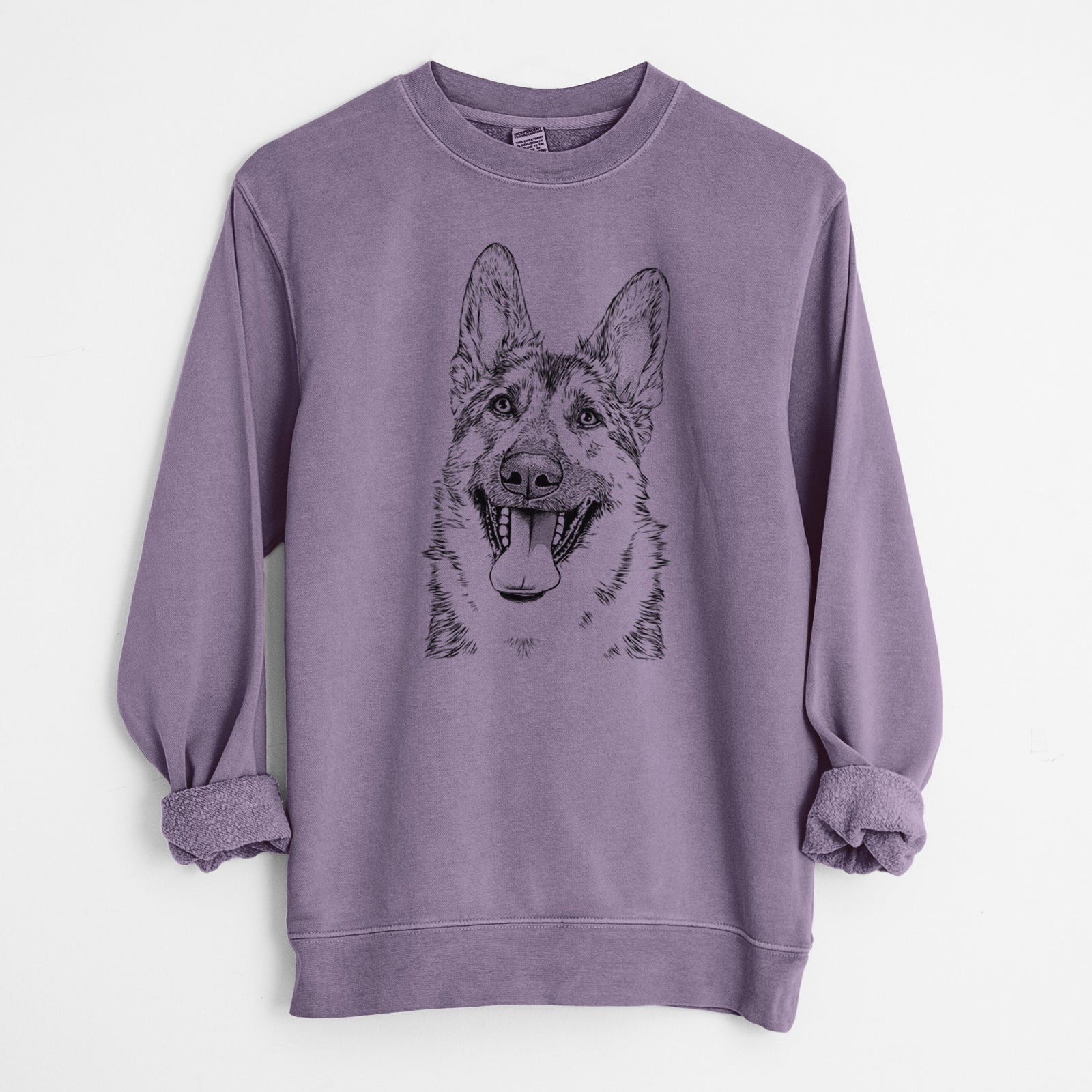 Hand-drawn sketch of Benson the German Shepherd on a Plum Unisex pigment dyed crew sweatshirt