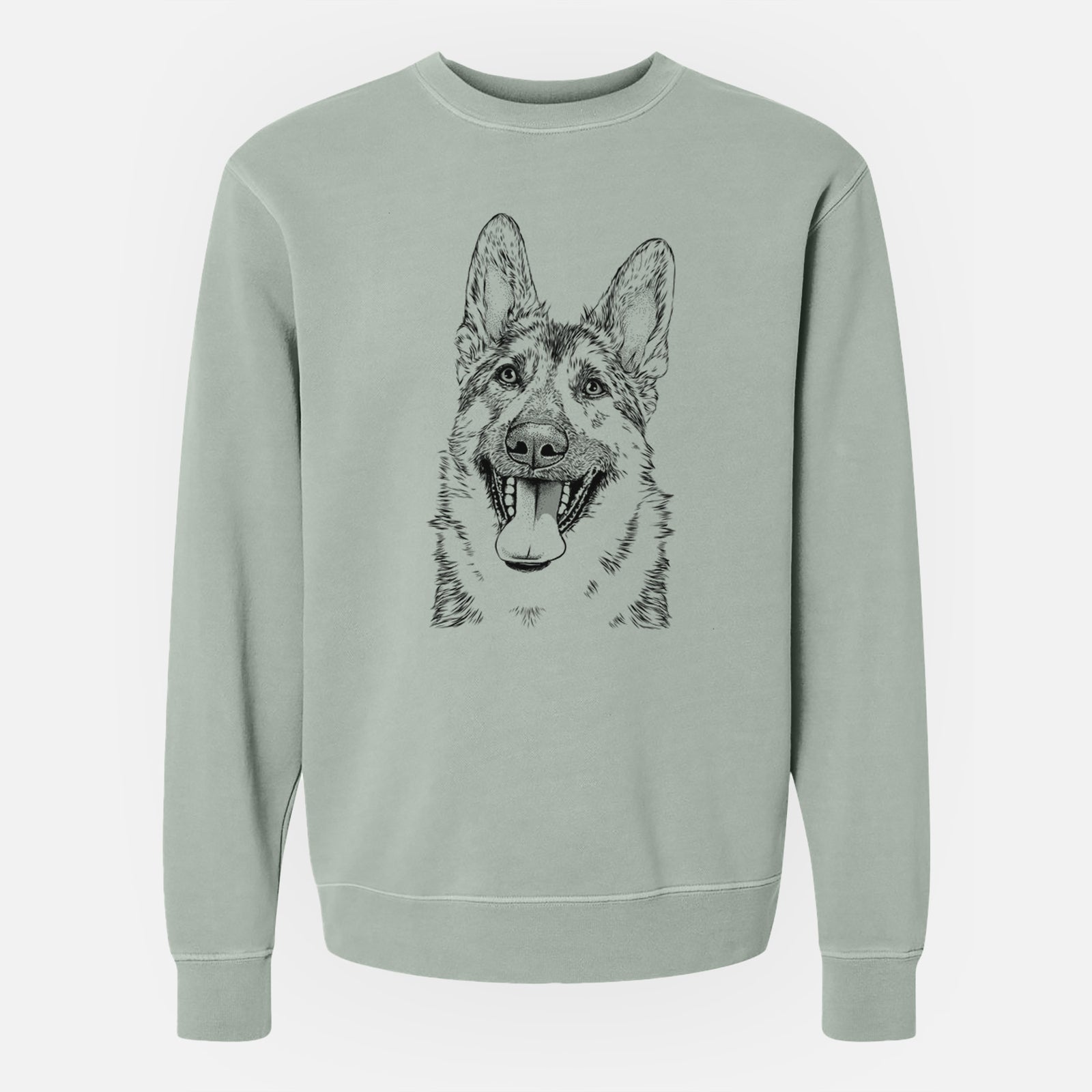 Hand-drawn sketch of Benson the German Shepherd on a Sage Unisex pigment dyed crew sweatshirt