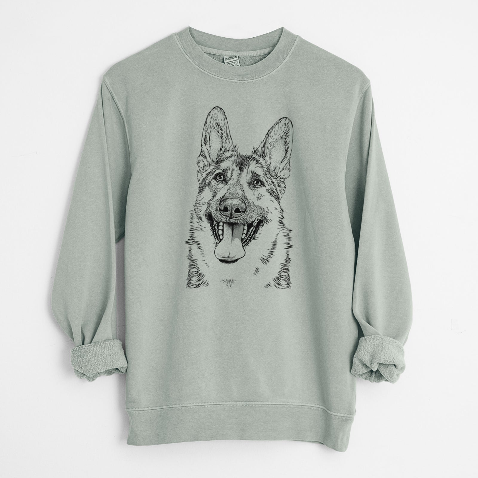 Hand-drawn sketch of Benson the German Shepherd on a Sage Unisex pigment dyed crew sweatshirt