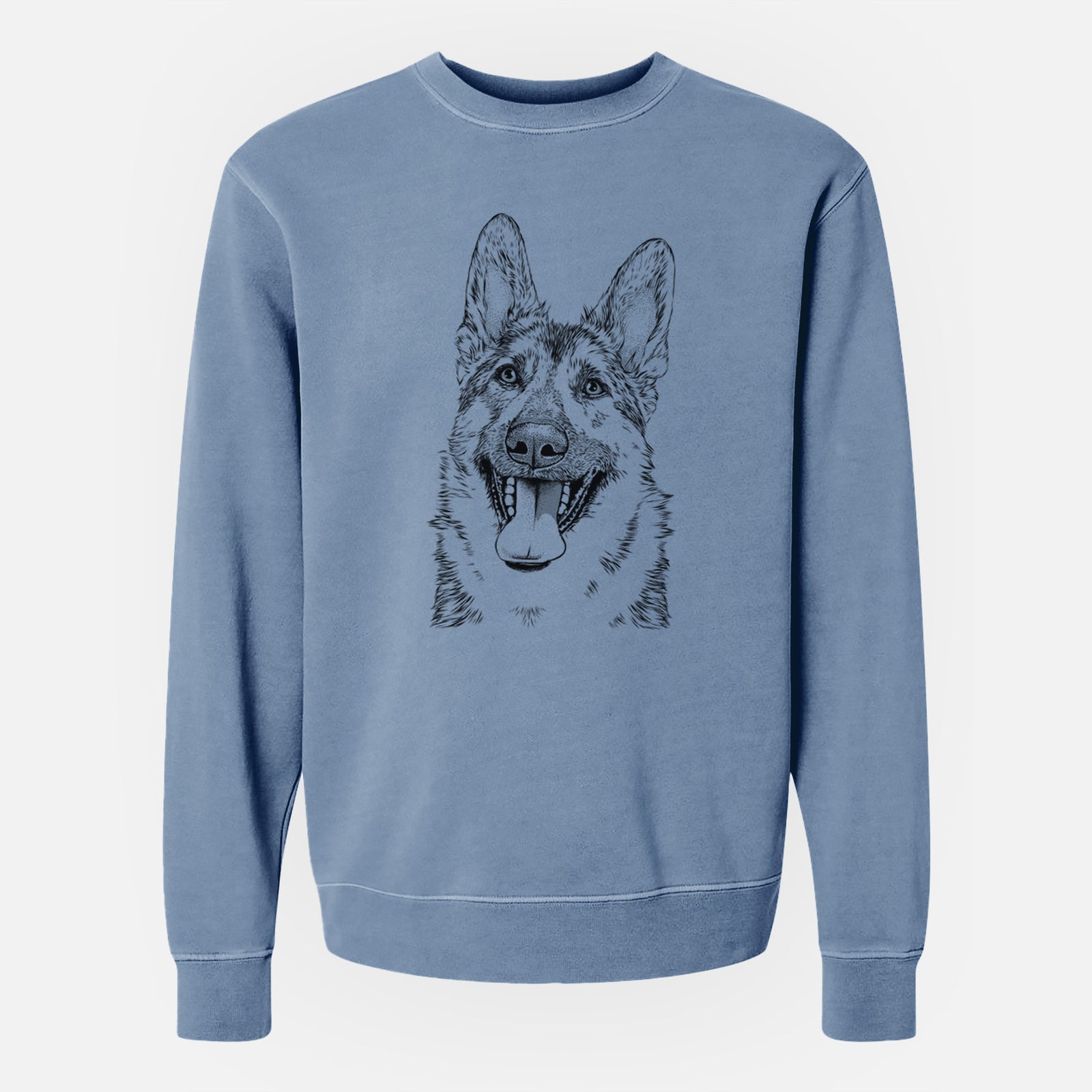 Hand-drawn sketch of Benson the German Shepherd on a Slate Blue Unisex pigment dyed crew sweatshirt