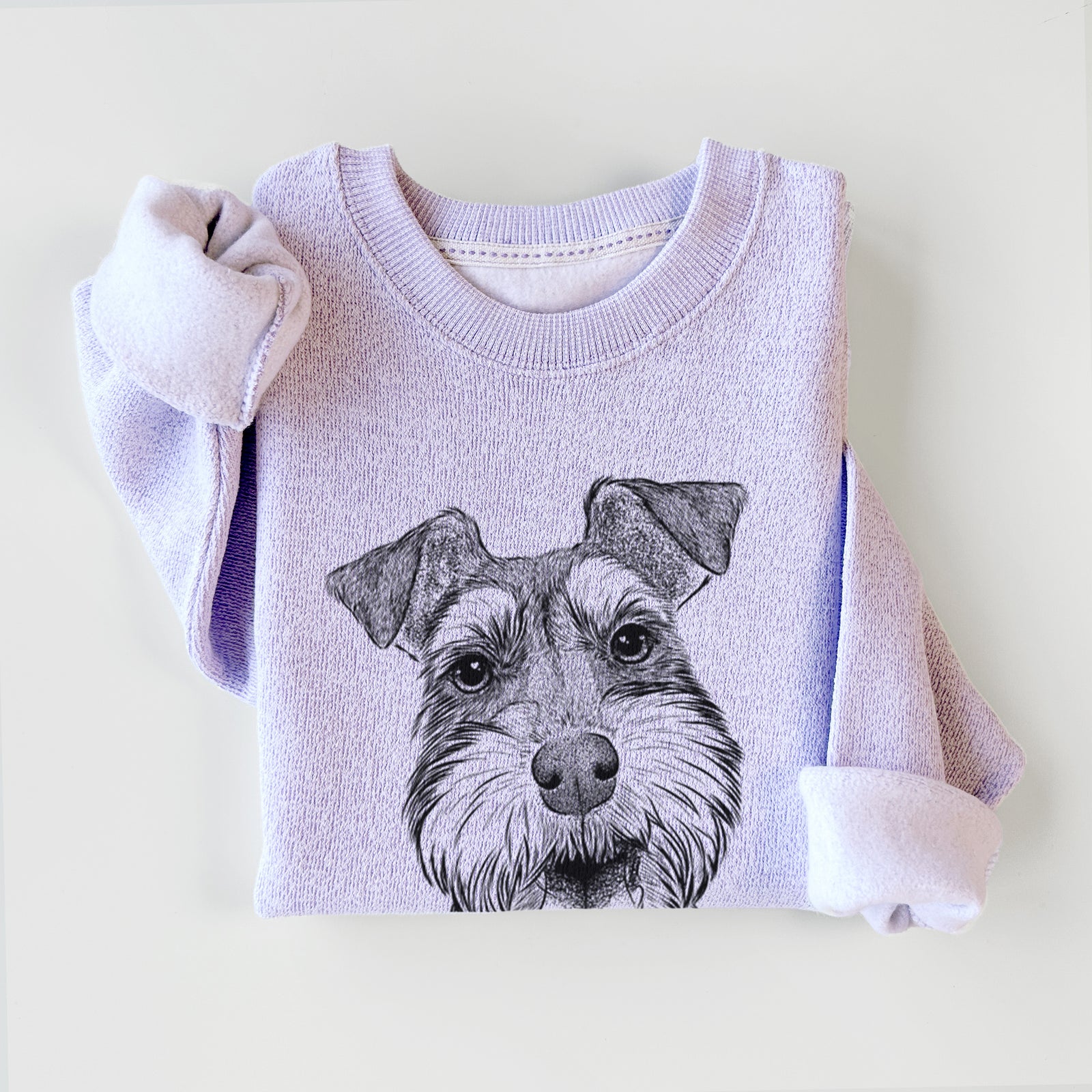 Hand-drawn sketch of Bernadette the Mini Schnauzer on an Ice Purple knit sweatshirt