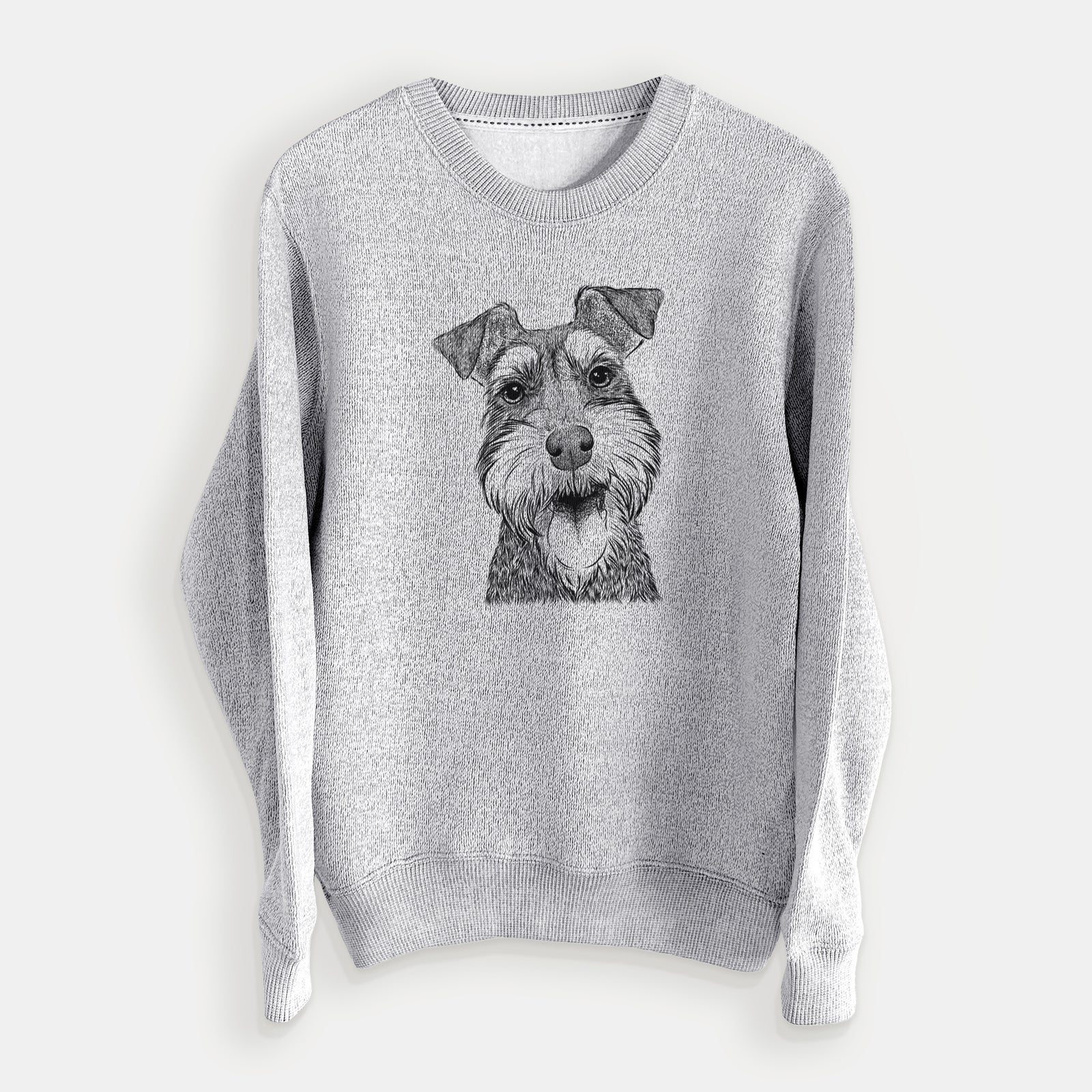 Hand-drawn sketch of Bernadette the Mini Schnauzer on a Salt Pepper knit sweatshirt
