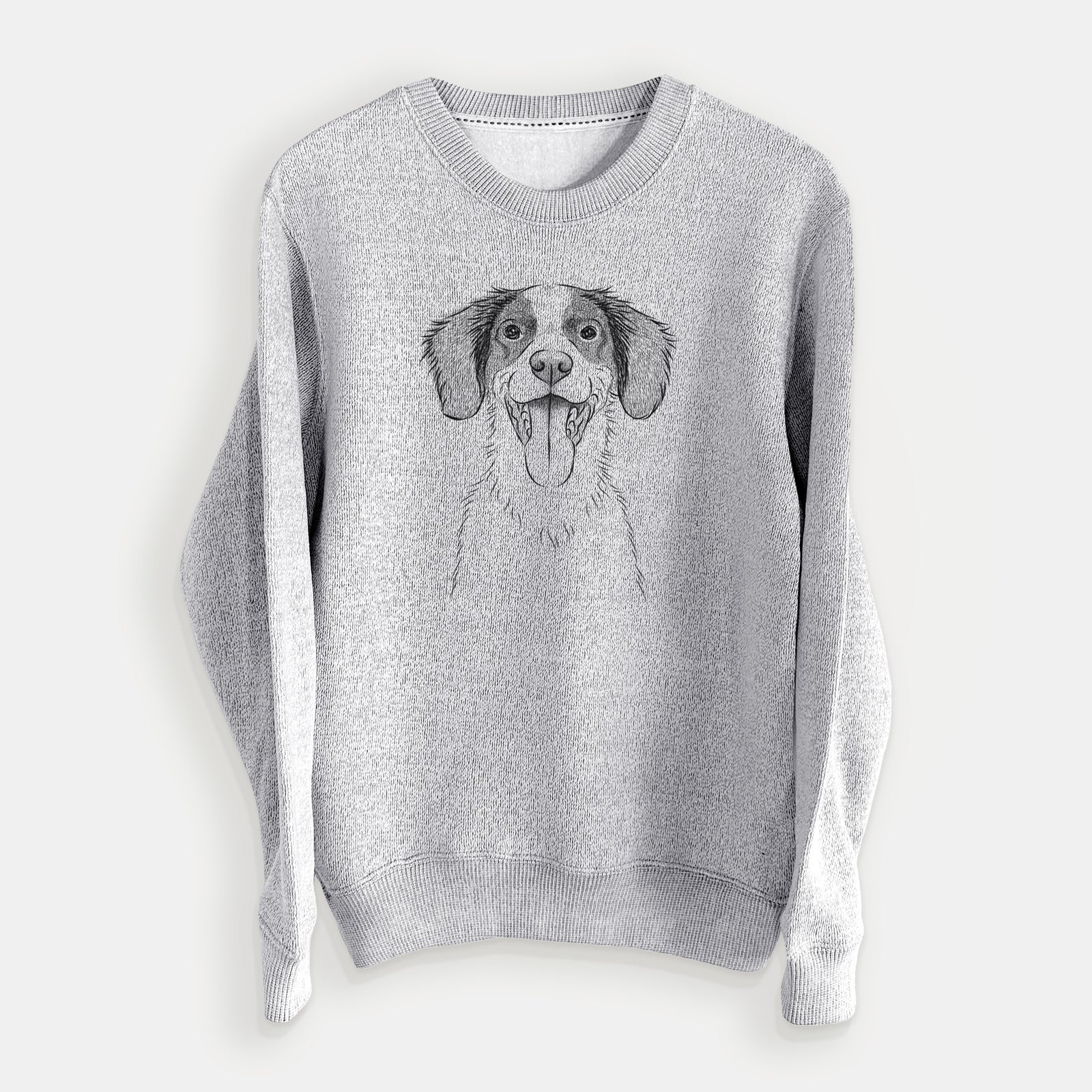 Hand-drawn sketch of Birdie the Brittany on a Salt Pepper knit sweatshirt