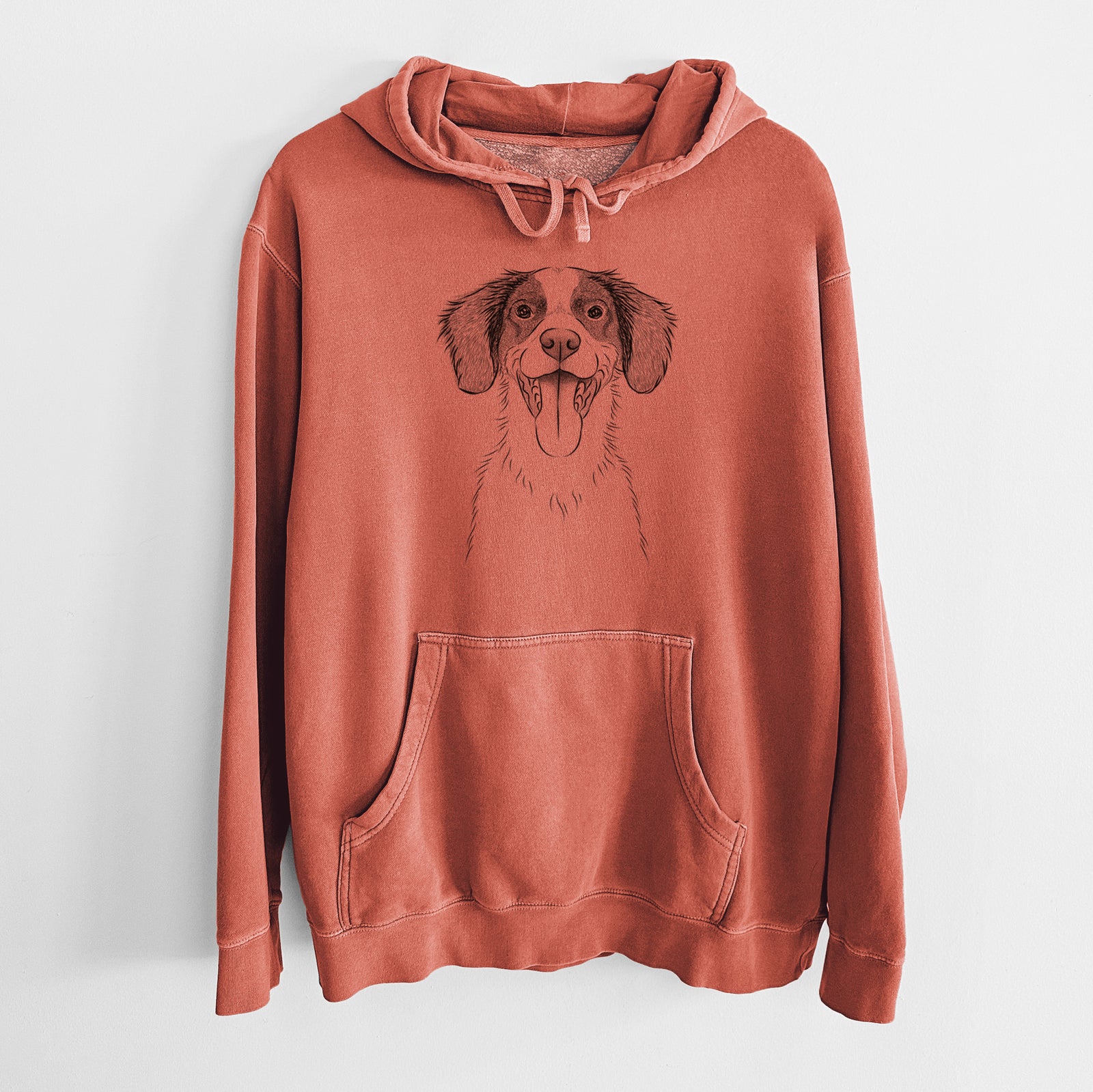 Hand-drawn sketch of Birdie the Brittany on an Amber Unisex pigment dyed hoodie