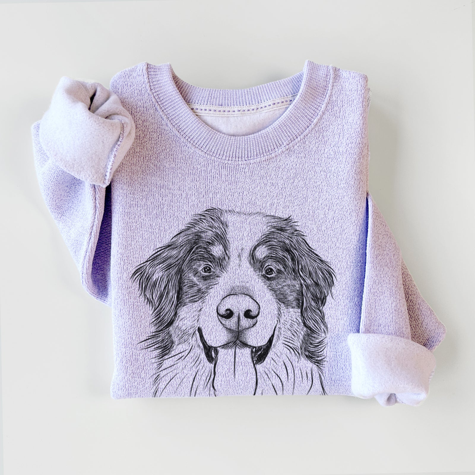 Hand-drawn sketch of Blaze the Bernese Mountain Dog on an Ice Purple knit sweatshirt