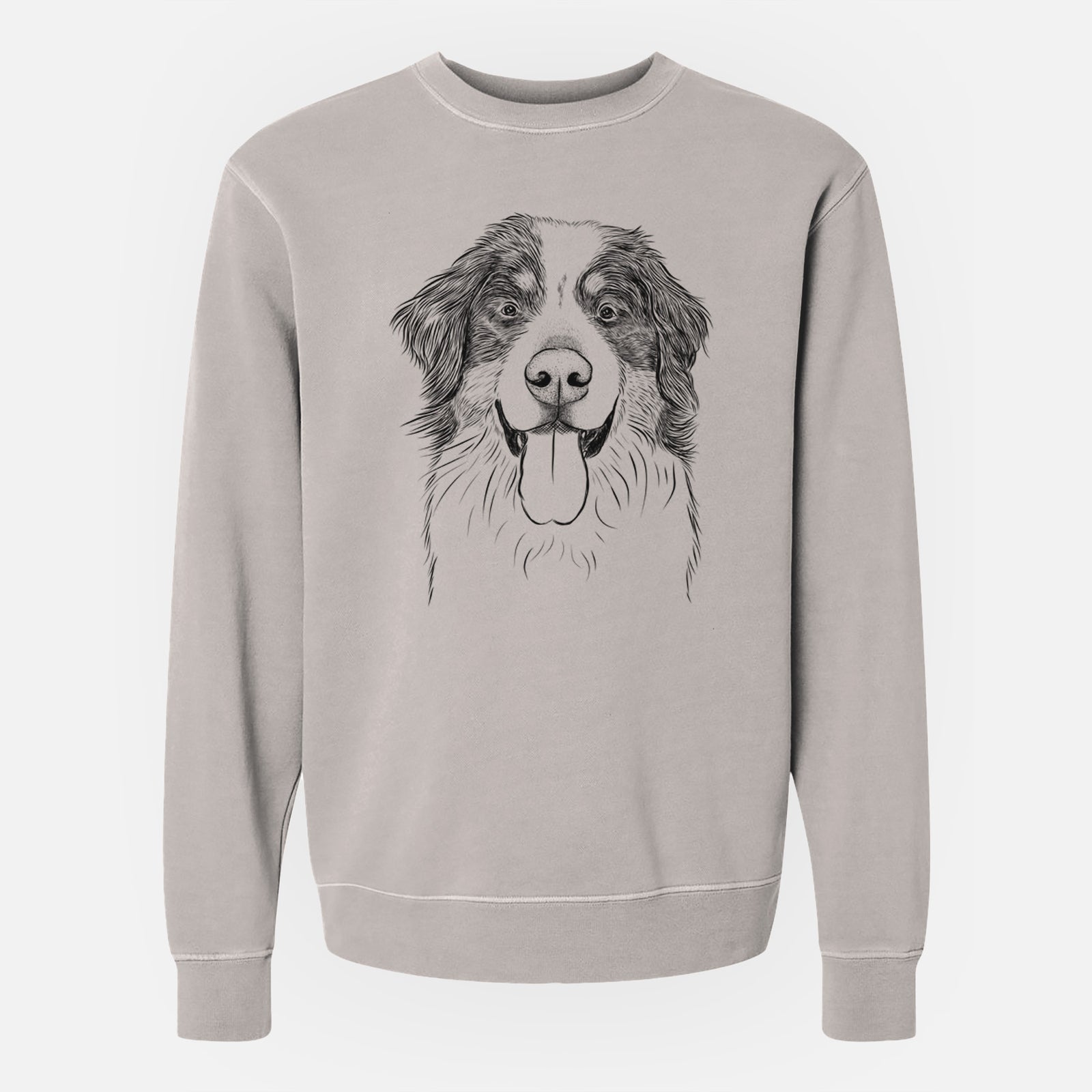Hand-drawn sketch of Blaze the Bernese Mountain Dog on a Cement Unisex pigment dyed crew sweatshirt