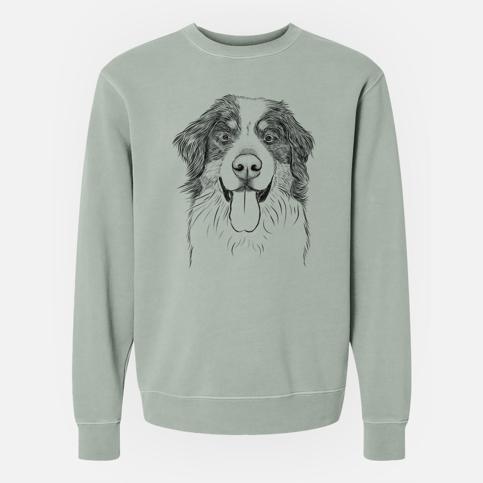 Hand-drawn sketch of Blaze the Bernese Mountain Dog on a Sage Unisex pigment dyed crew sweatshirt