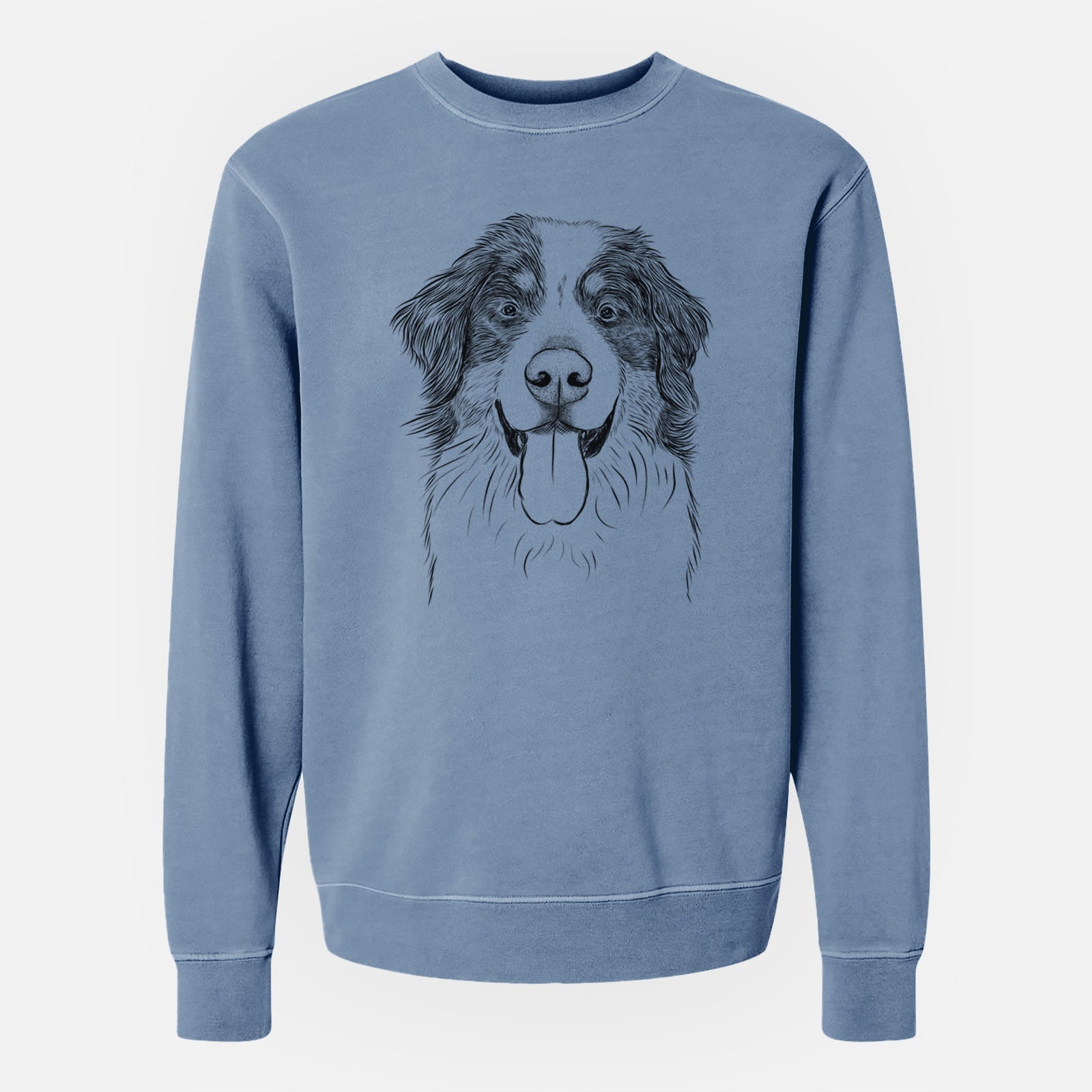 Hand-drawn sketch of Blaze the Bernese Mountain Dog on a Slate Blue Unisex pigment dyed crew sweatshirt