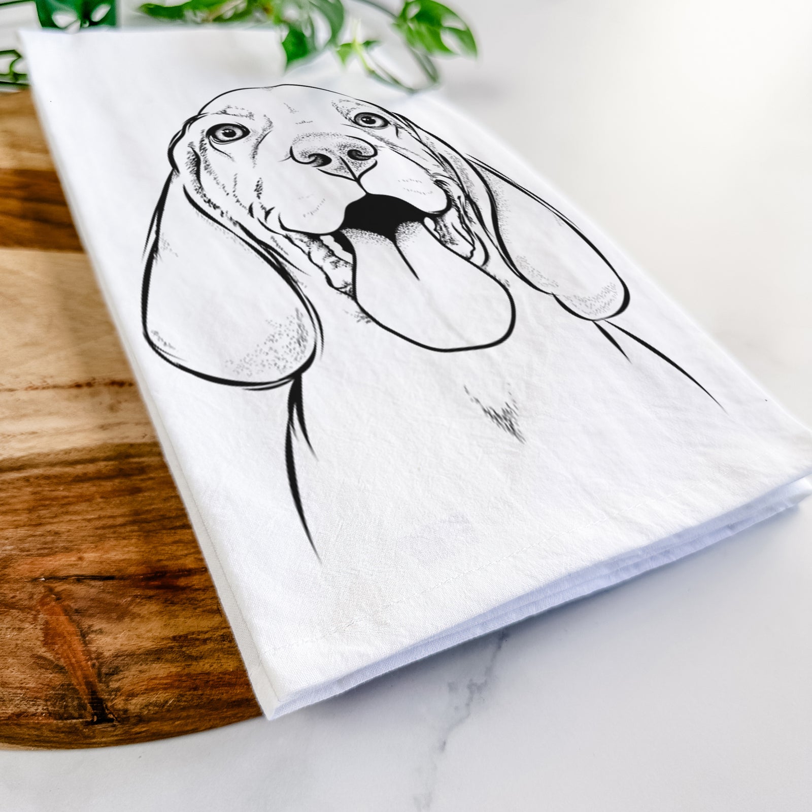 Hand-drawn sketch of Bodi the Vizsla on a tea towel