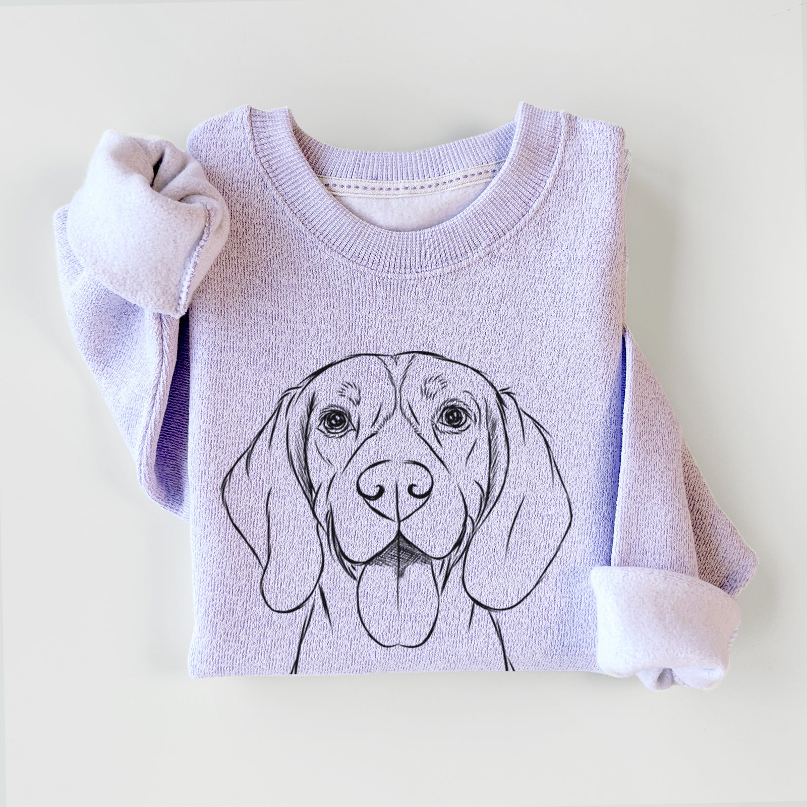 Hand-drawn sketch of Bogie the Beagle on an Ice Purple knit sweatshirt