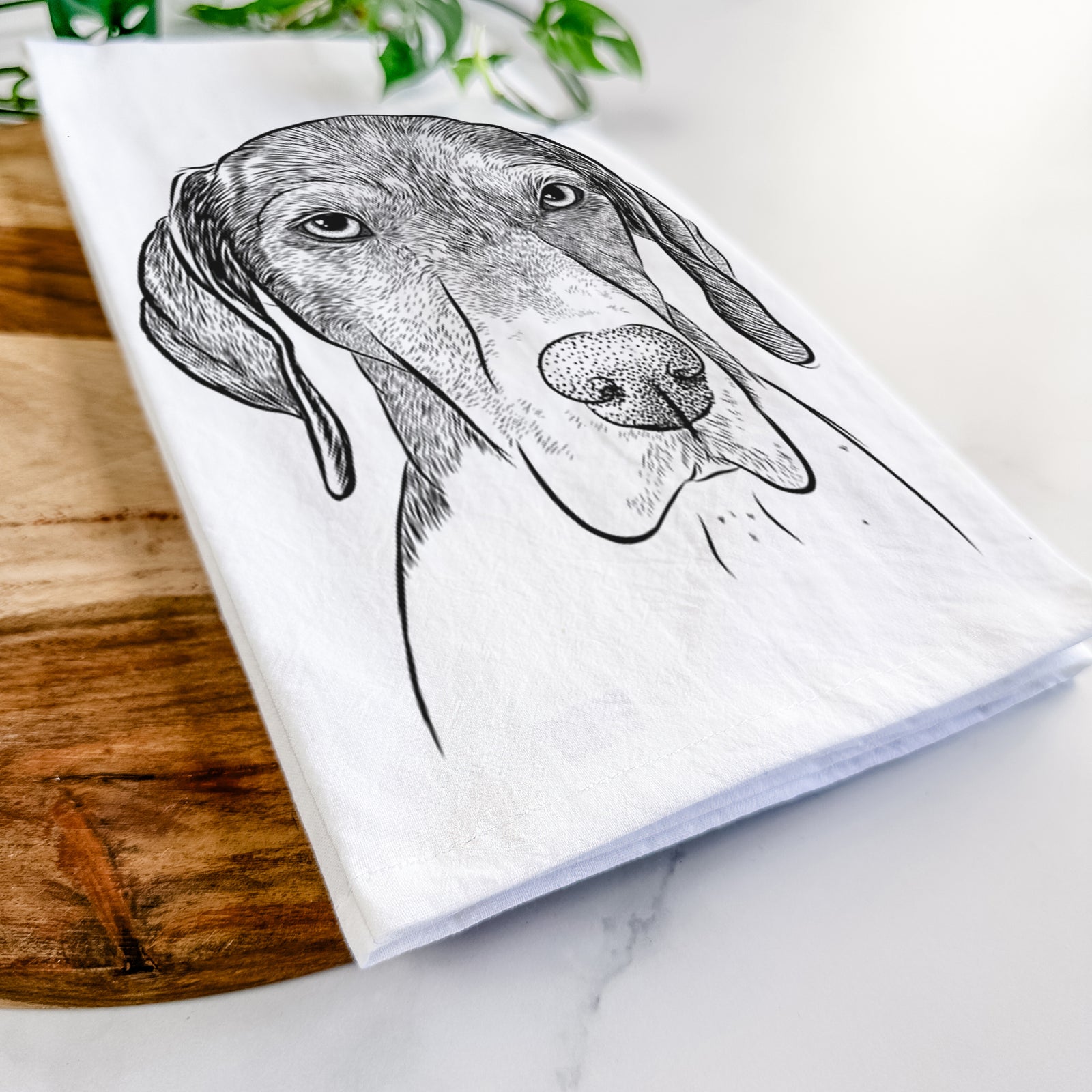 Hand-drawn sketch of Bohdi the German Shorthaired Pointer on a tea towel