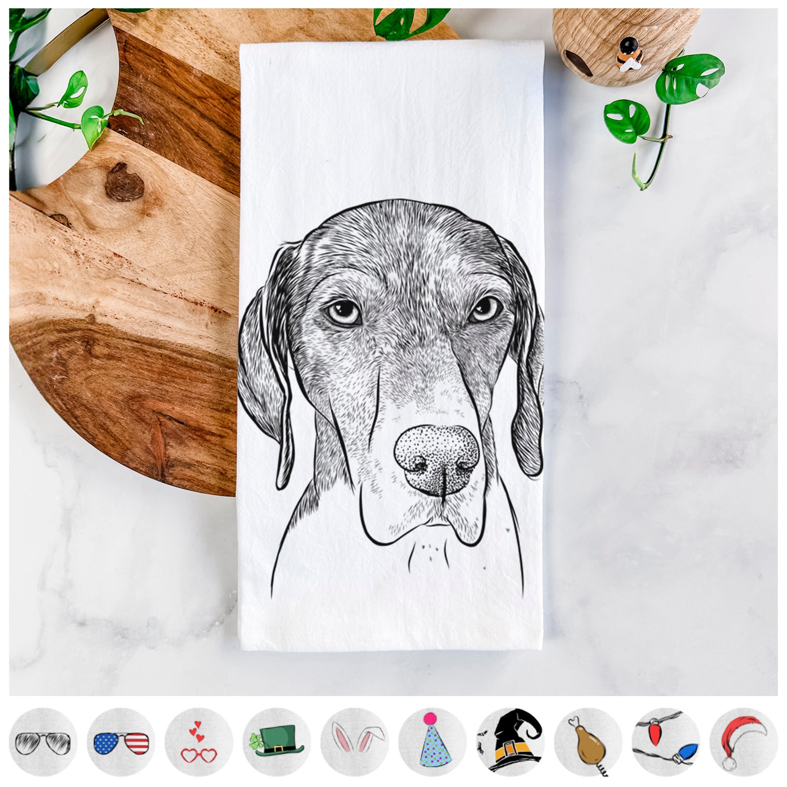 Hand-drawn sketch of Bohdi the German Shorthaired Pointer on a tea towel, shown with icons of the other available costume styles