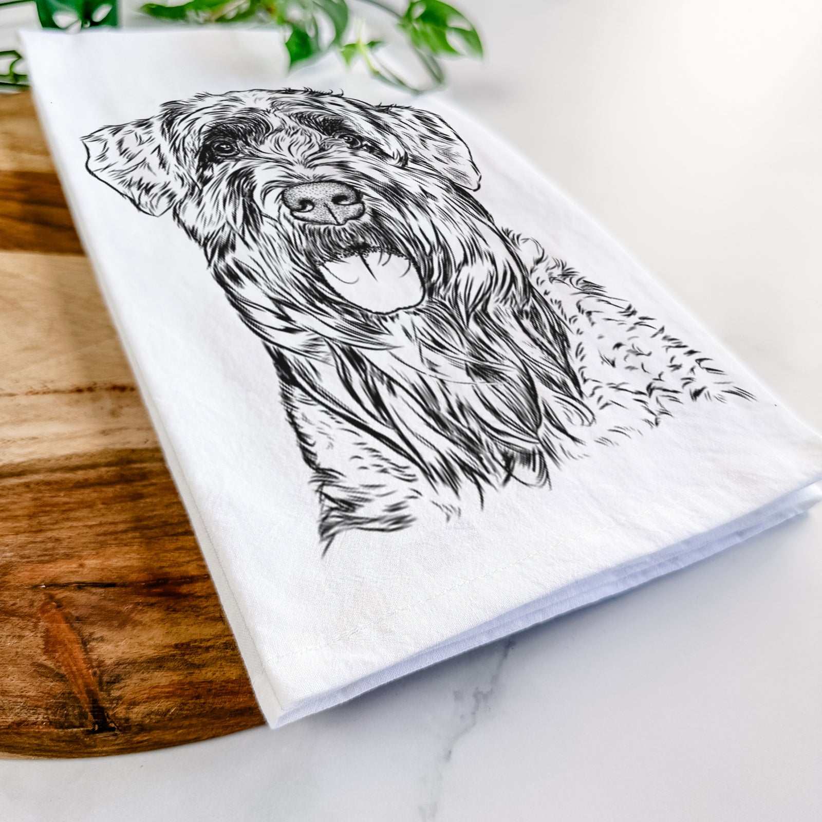 Hand-drawn sketch of Bonnie the Bouvier Des Flandres on a tea towel