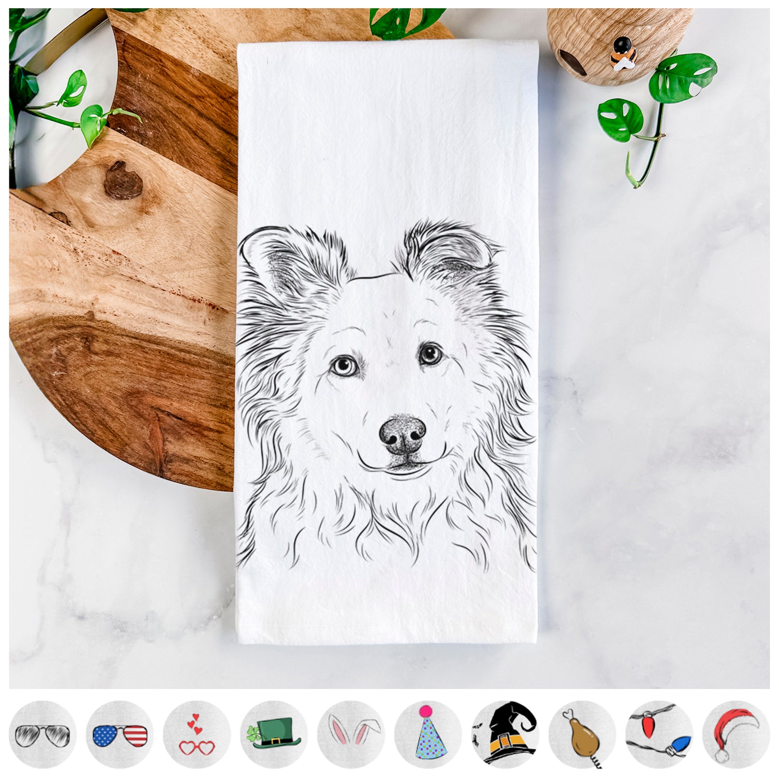 Hand-drawn sketch of Bonsai the Mixed Breed on a tea towel, shown with icons of the other available costume styles