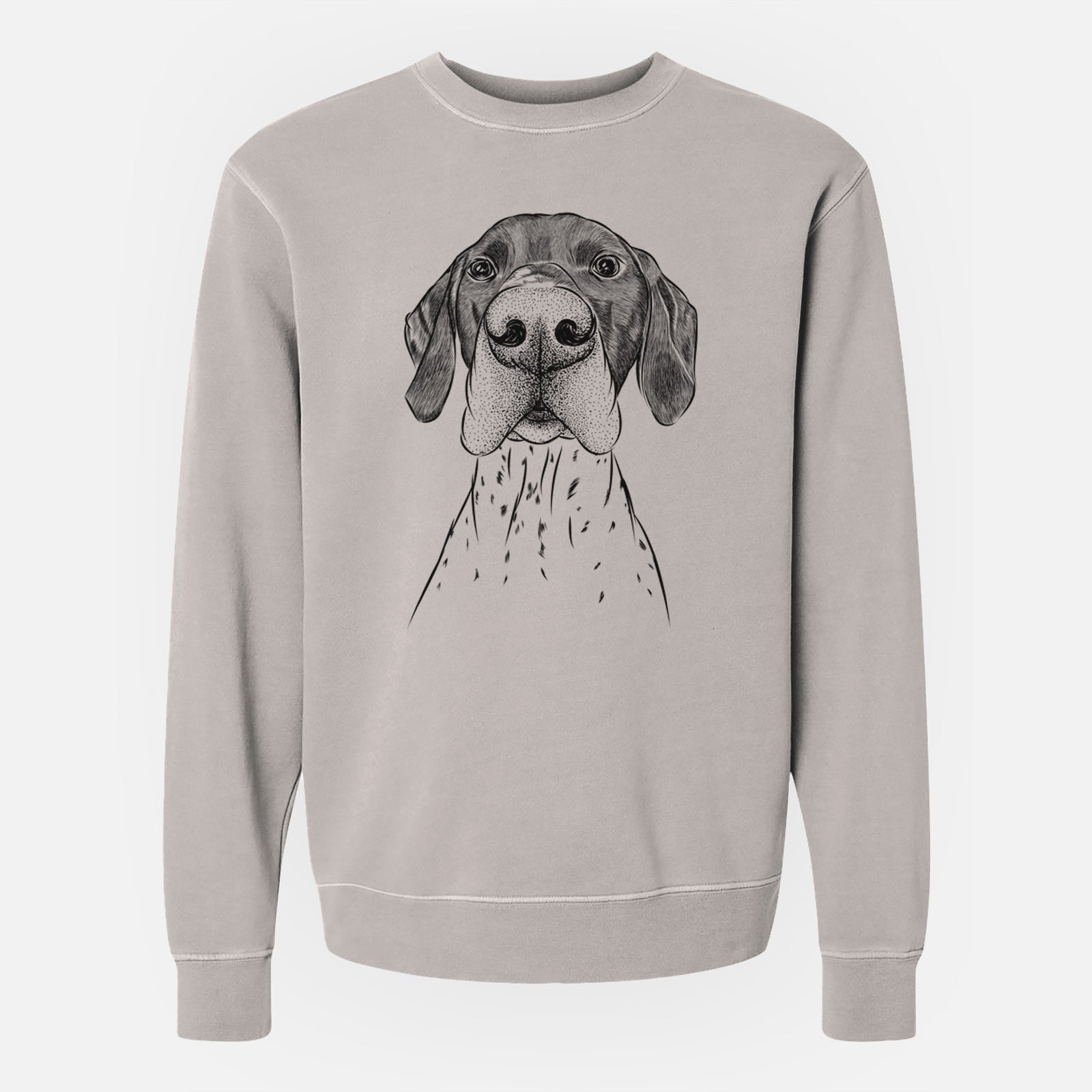 Hand-drawn sketch of Booze the German Shorthaired Pointer on a Cement Unisex pigment dyed crew sweatshirt