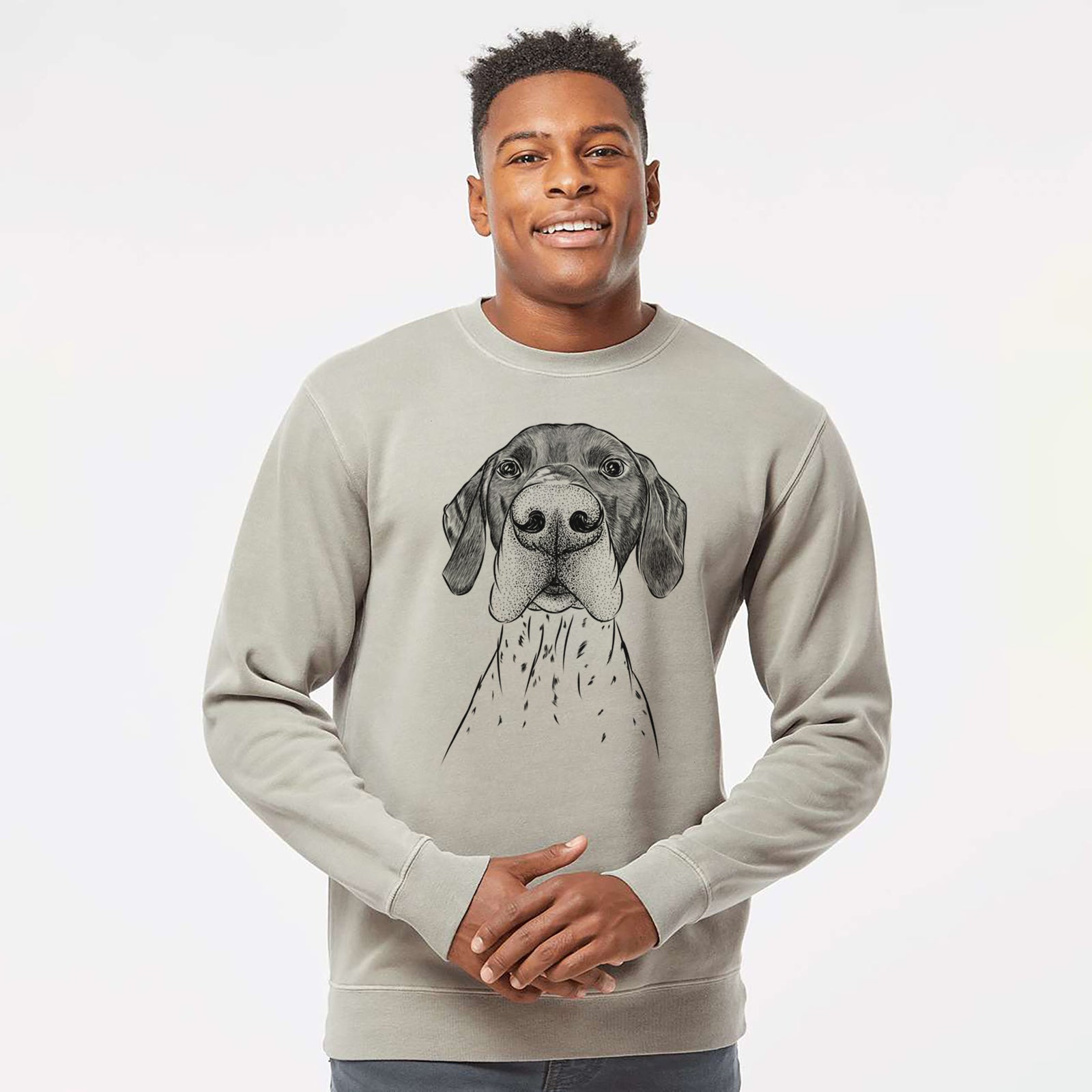 Hand-drawn sketch of Booze the German Shorthaired Pointer on a Cement Unisex pigment dyed crew sweatshirt