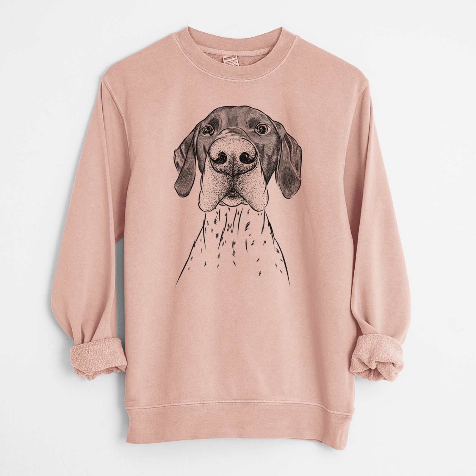 Hand-drawn sketch of Booze the German Shorthaired Pointer on a Dusty Pink Unisex pigment dyed crew sweatshirt