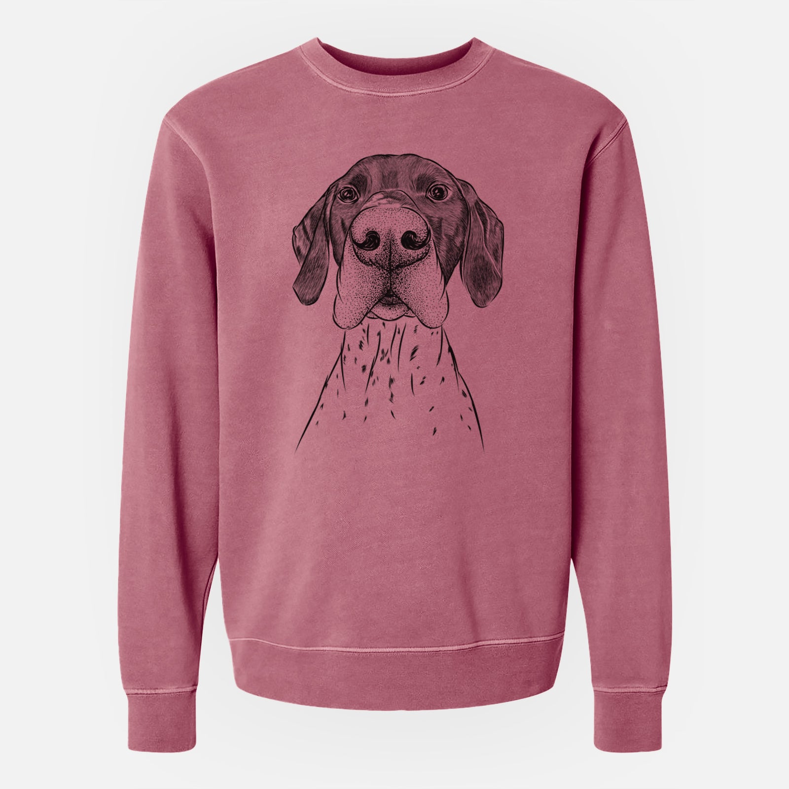Hand-drawn sketch of Booze the German Shorthaired Pointer on a Maroon Unisex pigment dyed crew sweatshirt
