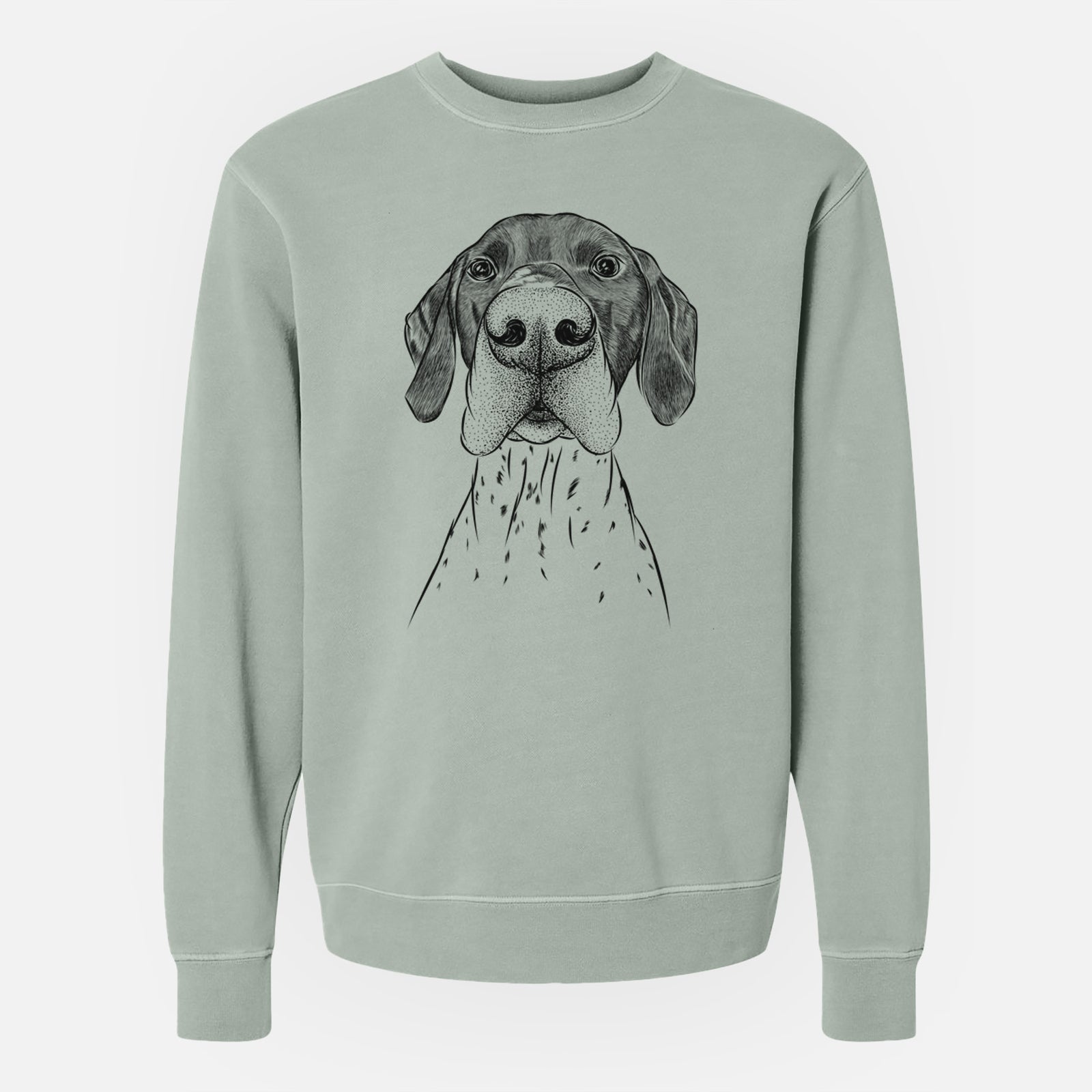 Hand-drawn sketch of Booze the German Shorthaired Pointer on a Sage Unisex pigment dyed crew sweatshirt