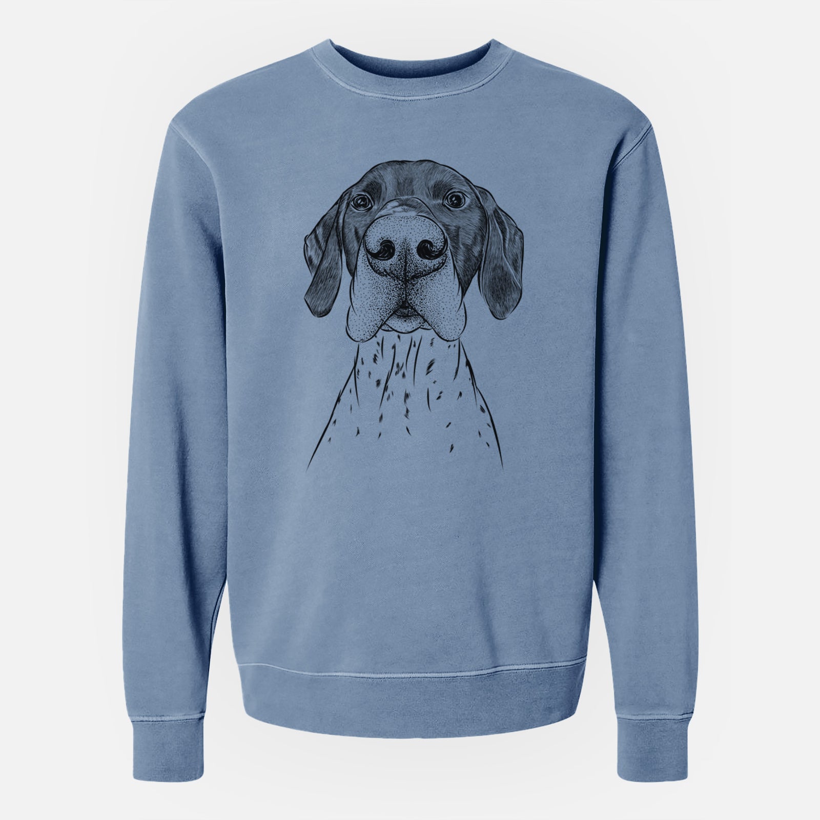Hand-drawn sketch of Booze the German Shorthaired Pointer on a Slate Blue Unisex pigment dyed crew sweatshirt