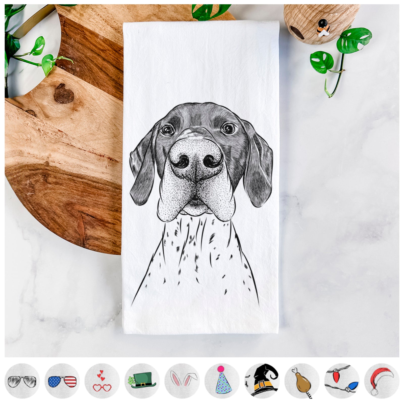 Hand-drawn sketch of Booze the German Shorthaired Pointer on a tea towel, shown with icons of the other available costume styles