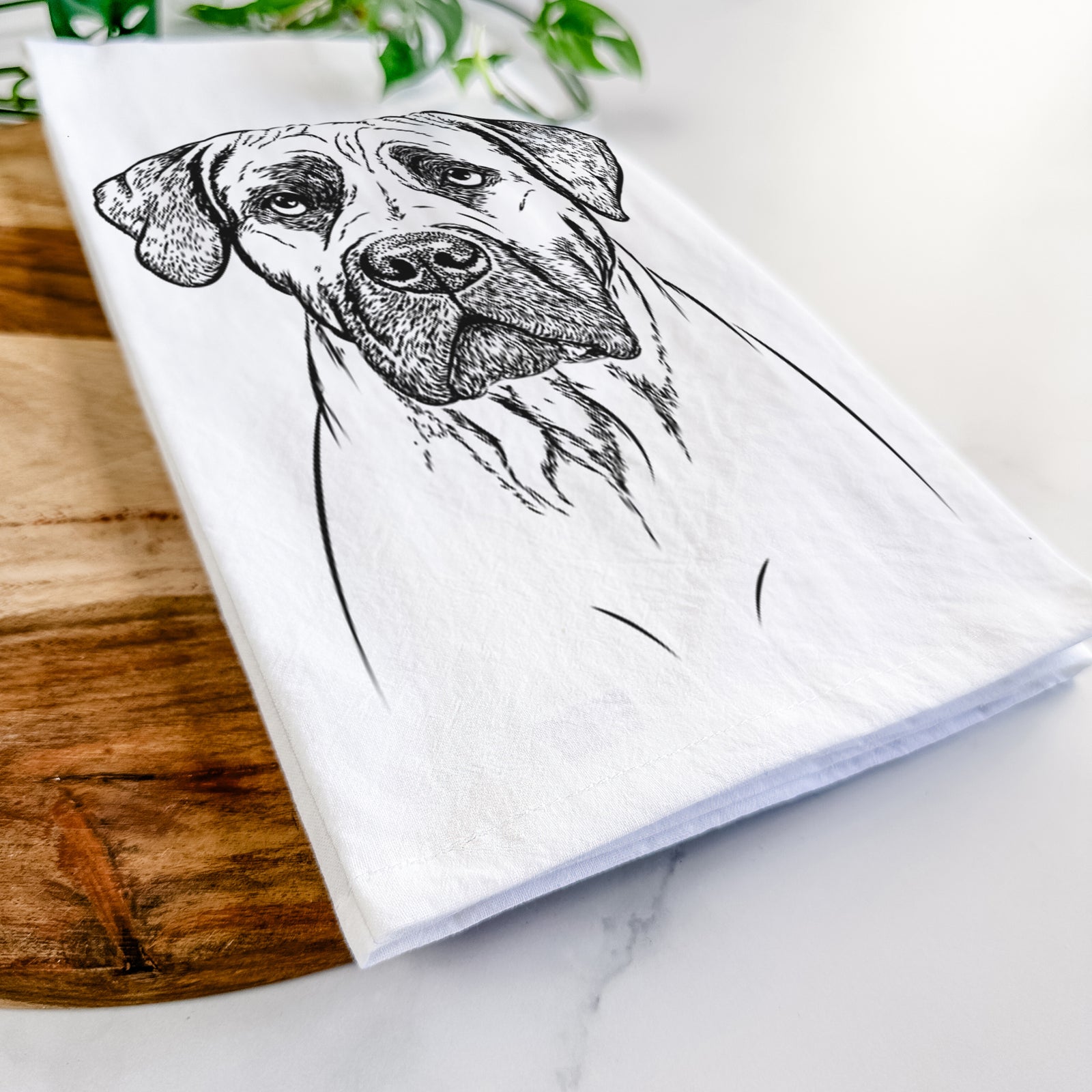 Hand-drawn sketch of Boris the Boerboel on a tea towel