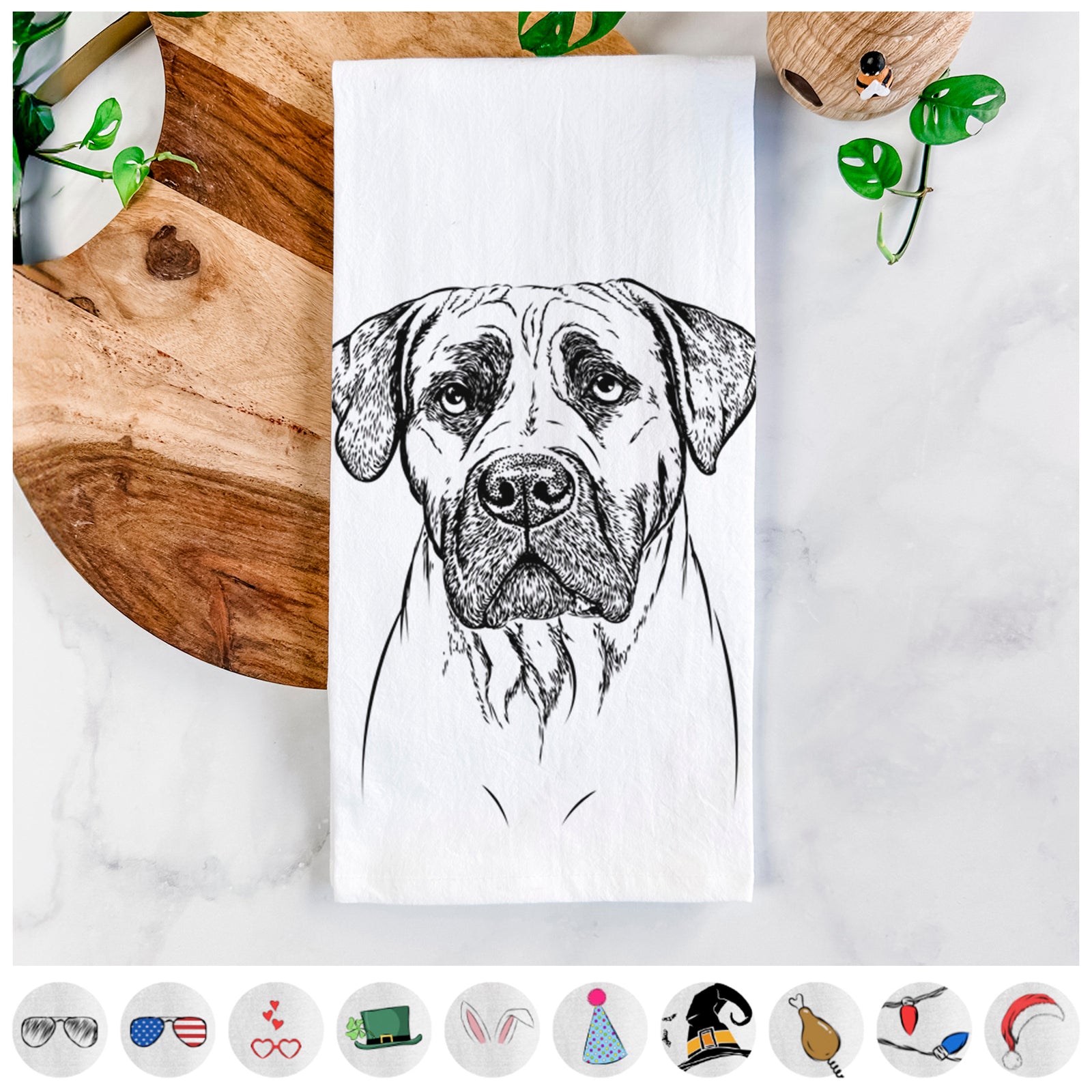 Hand-drawn sketch of Boris the Boerboel on a tea towel, shown with icons of the other available costume styles