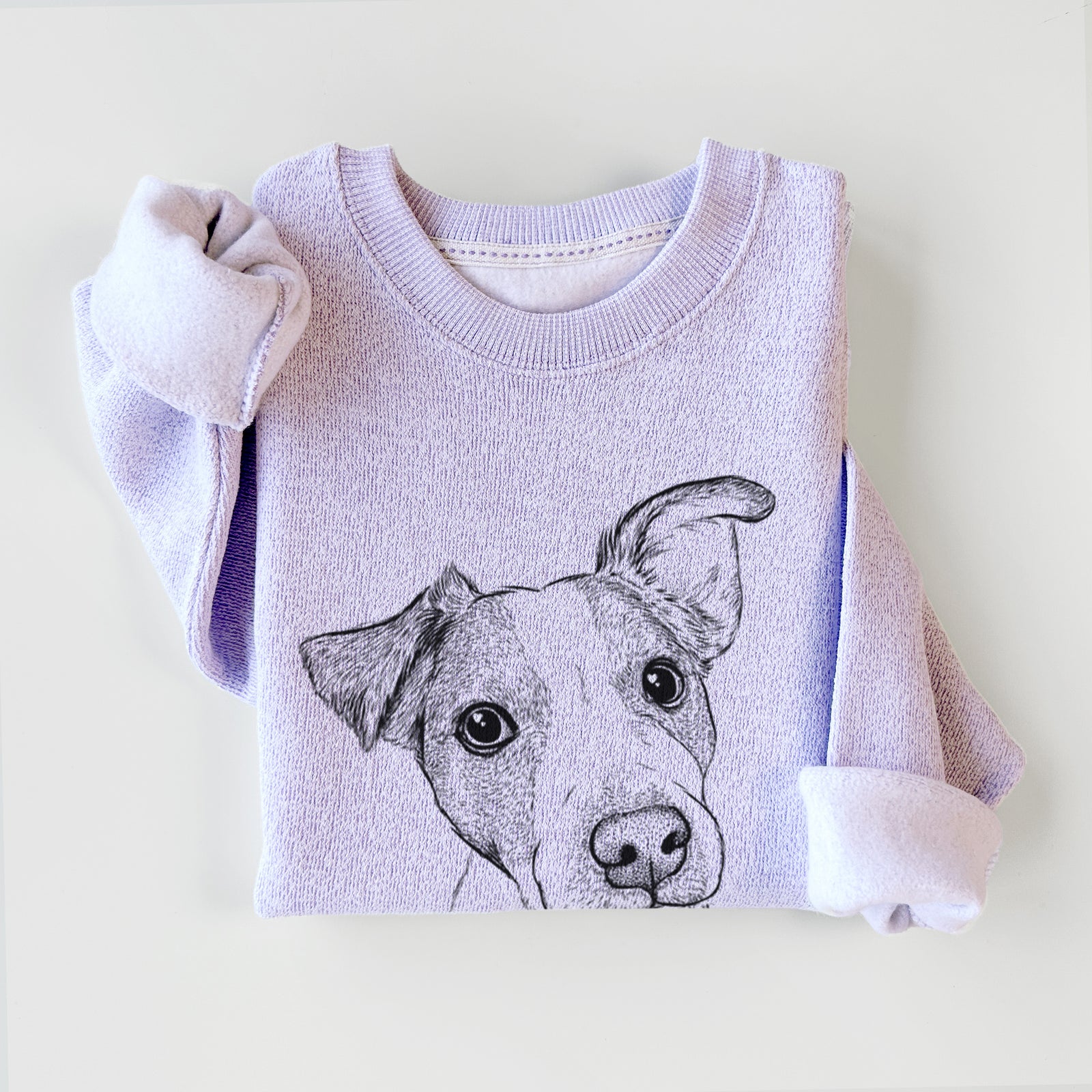 Hand-drawn sketch of Bosse the Jack Russell Terrier on an Ice Purple knit sweatshirt