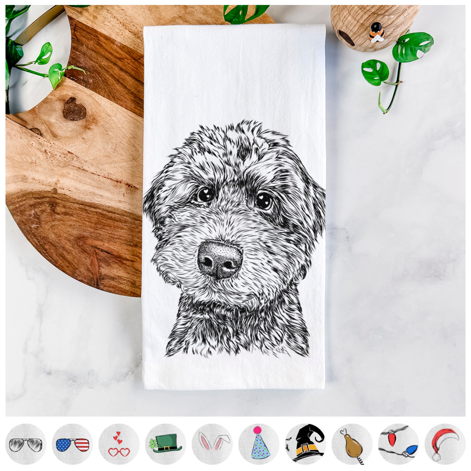 Hand-drawn sketch of Bowser the Whoodle on a tea towel, shown with icons of the other available costume styles