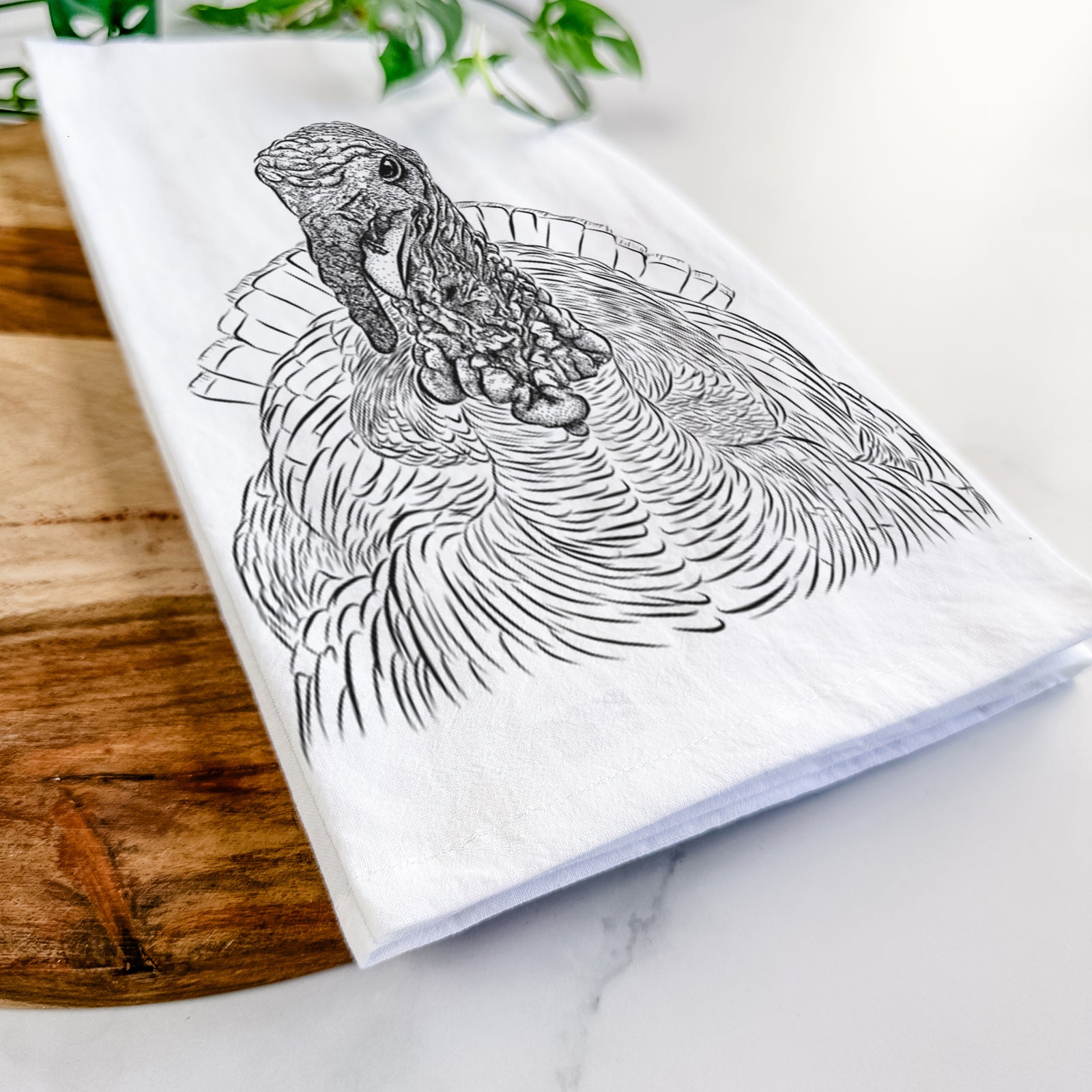 Hand-drawn sketch of Brady the Turkey on a tea towel