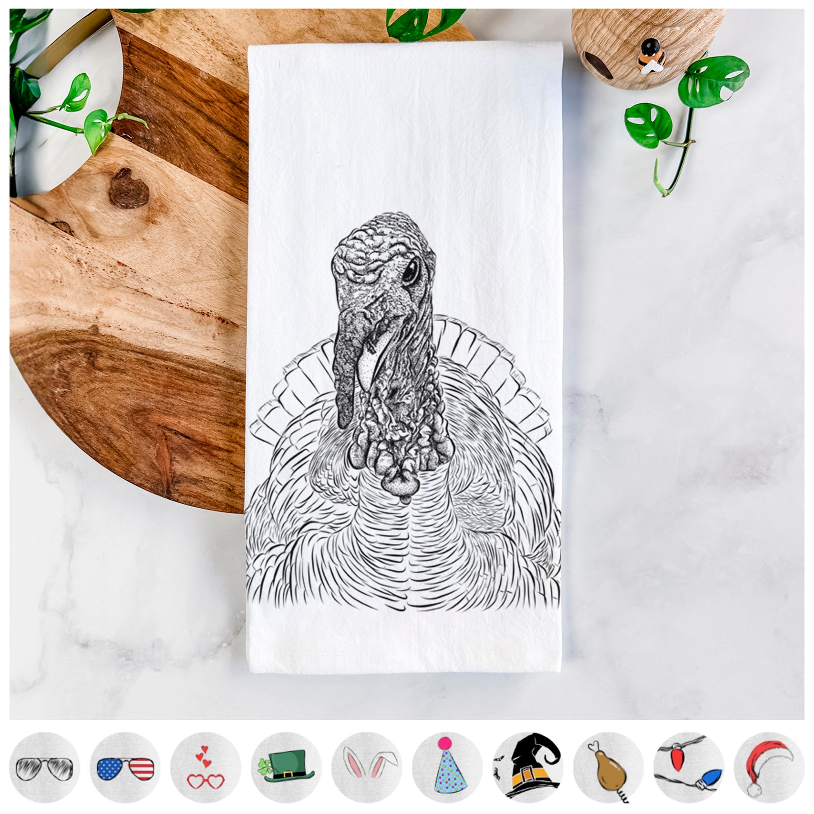 Hand-drawn sketch of Brady the Turkey on a tea towel, shown with icons of the other available costume styles